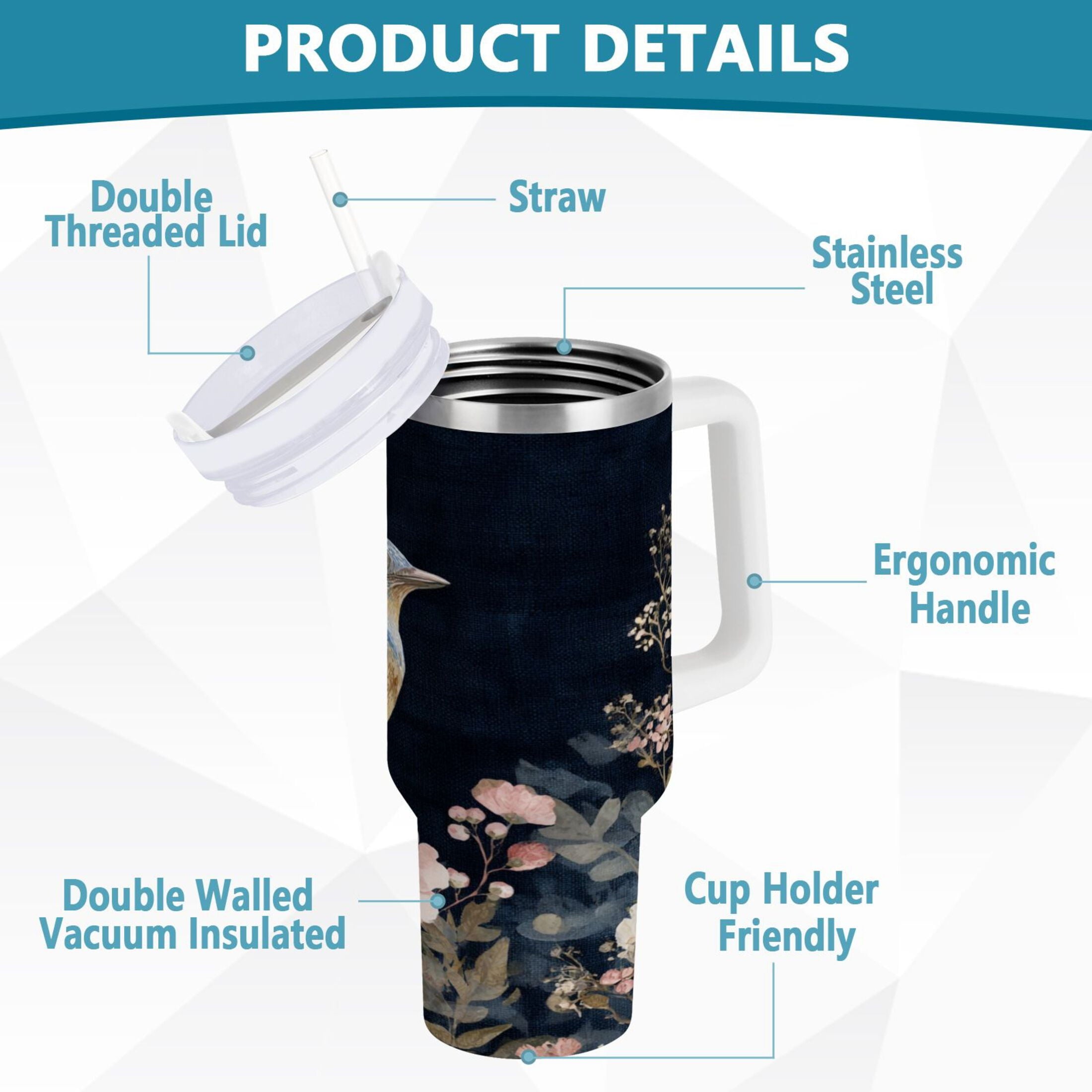 30 oz Insulated Stainless Steel Tumbler Double Wall Stainless Steel Tumbler with 2-Way Drinking Watercolor Vintage Blue Bird - Pick 323