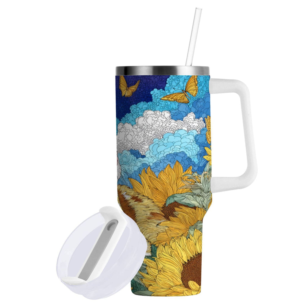 40 oz Insulated Stainless Steel Tumbler Double Wall Stainless Steel Tumbler with 2-Way Drinking Cat Lies in The Sunflowers - Pick 595