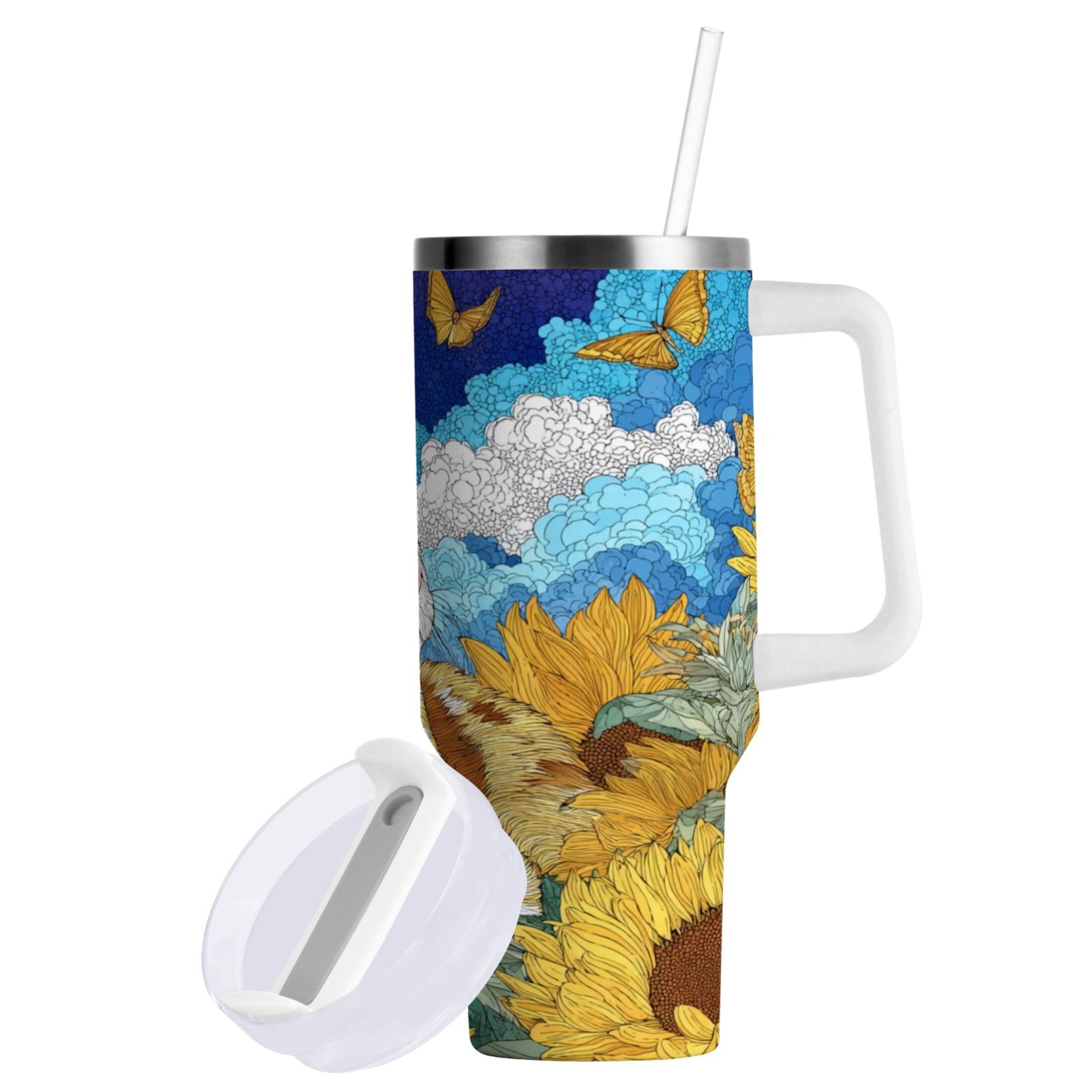 40 oz Insulated Stainless Steel Tumbler Double Wall Stainless Steel Tumbler with 2-Way Drinking Cat Lies in The Sunflowers - Pick 595