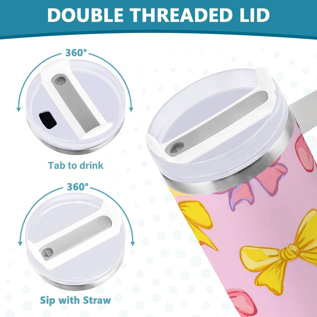 30 oz Insulated Stainless Steel Tumbler Double Wall Stainless Steel Tumbler with 2-Way Drinking Yellow and Pink Bows - Pick 749