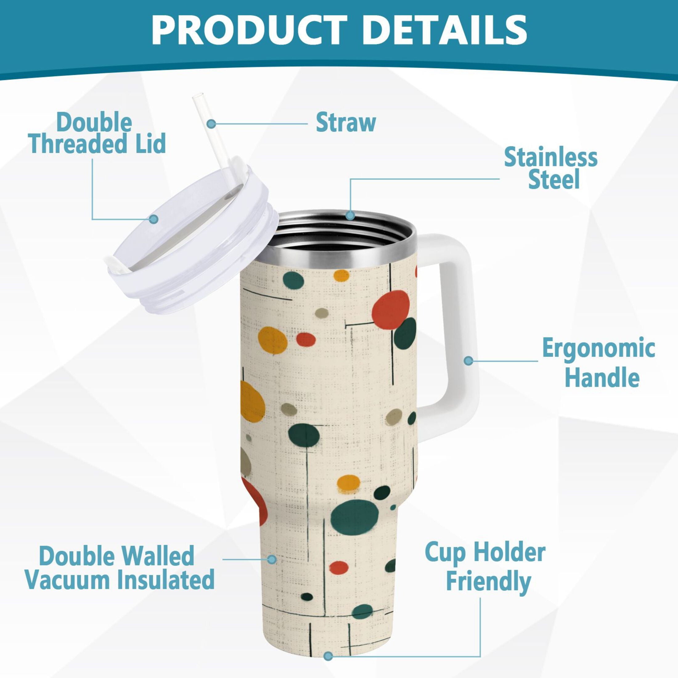 30 oz Insulated Stainless Steel Tumbler Double Wall Stainless Steel Tumbler with 2-Way Drinking Colorful Dots and Lines - Pick 503