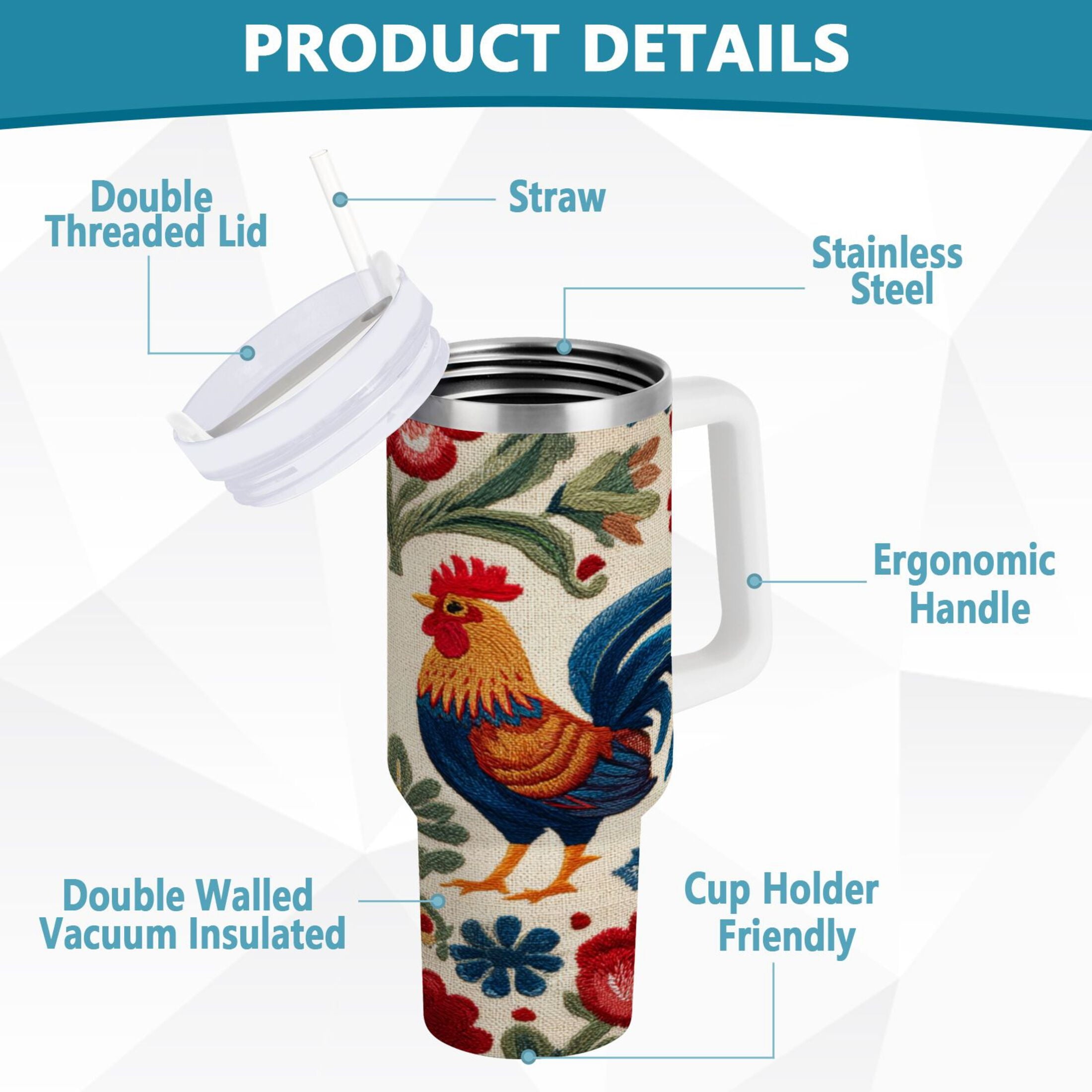 40 oz Insulated Stainless Steel Tumbler Double Wall Stainless Steel Tumbler with 2-Way Drinking Male and Female Chickens - Pick 434