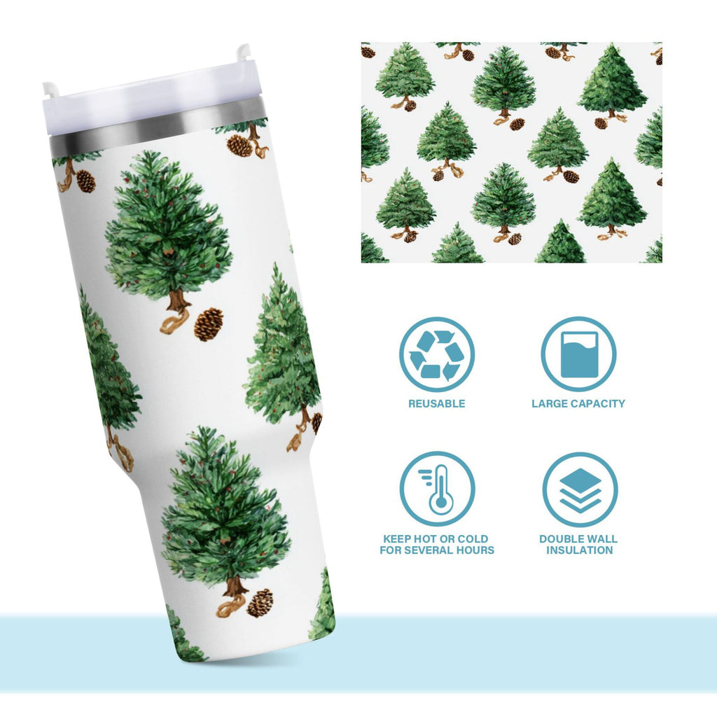 30 oz Insulated Stainless Steel Tumbler Double Wall Stainless Steel Tumbler with 2-Way Drinking Watercolor Green Christmas Tree - Pick 477