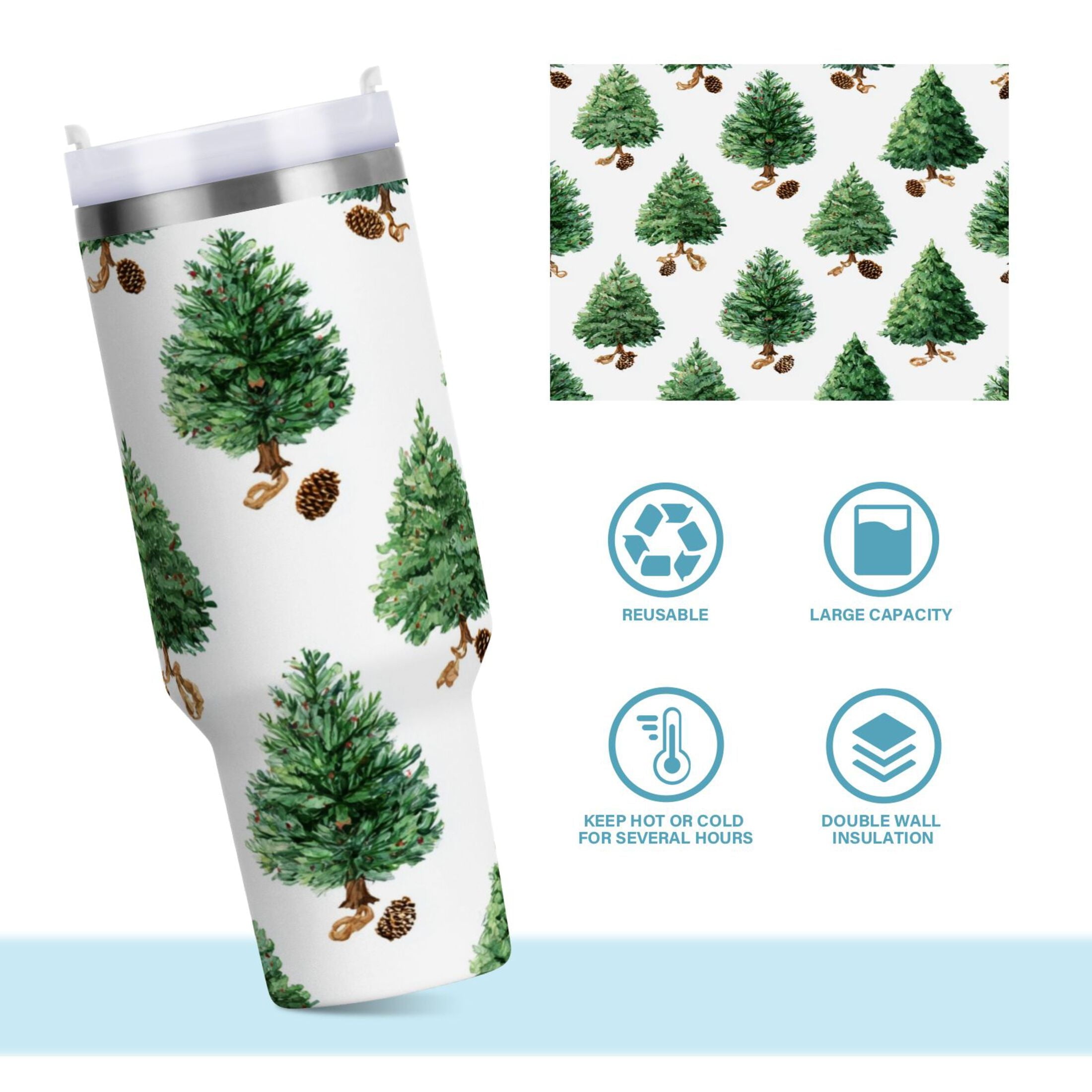 30 oz Insulated Stainless Steel Tumbler Double Wall Stainless Steel Tumbler with 2-Way Drinking Watercolor Green Christmas Tree - Pick 477