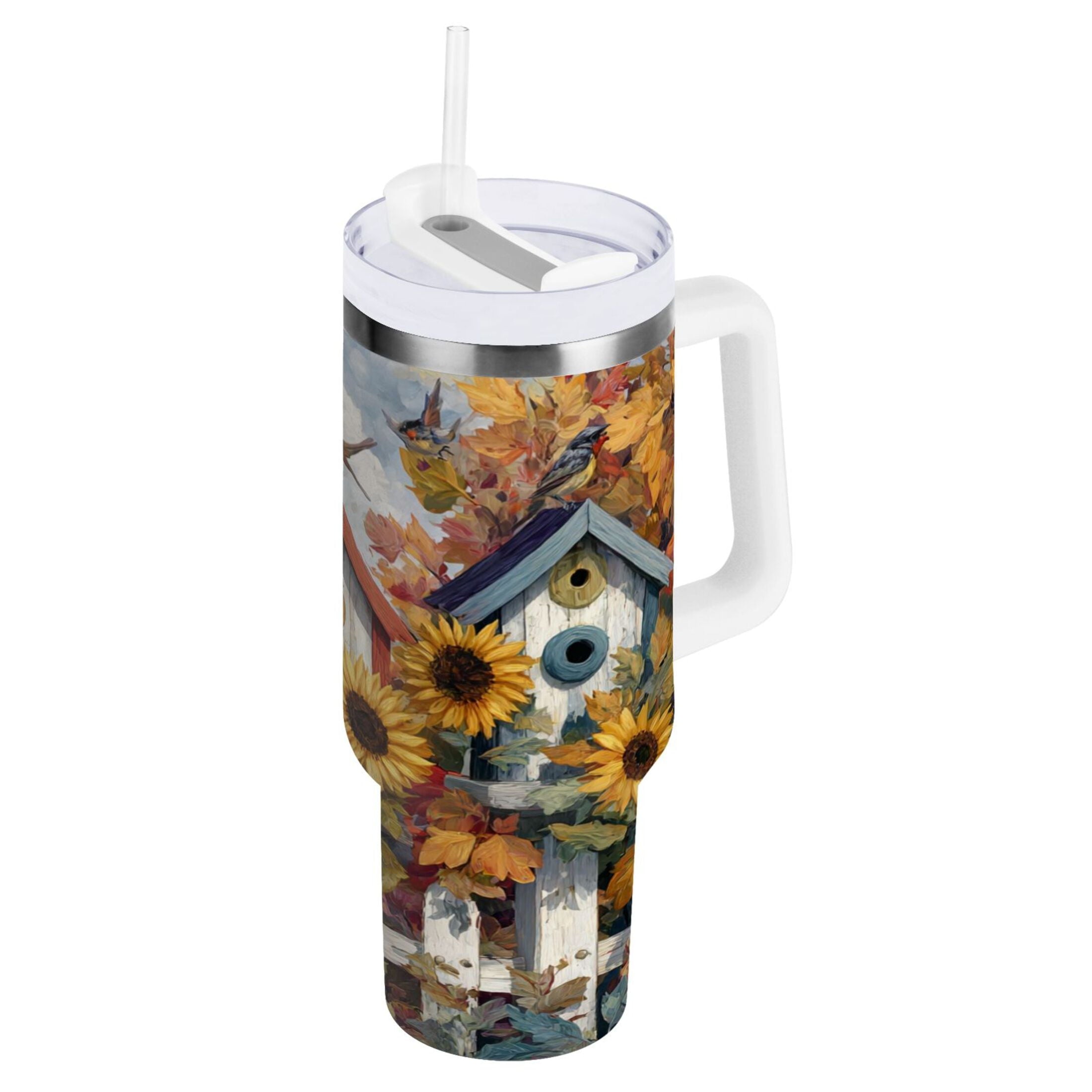 30 oz Insulated Stainless Steel Tumbler Double Wall Stainless Steel Tumbler with 2-Way Drinking Birdhouses with Sunflowers - Pick 535