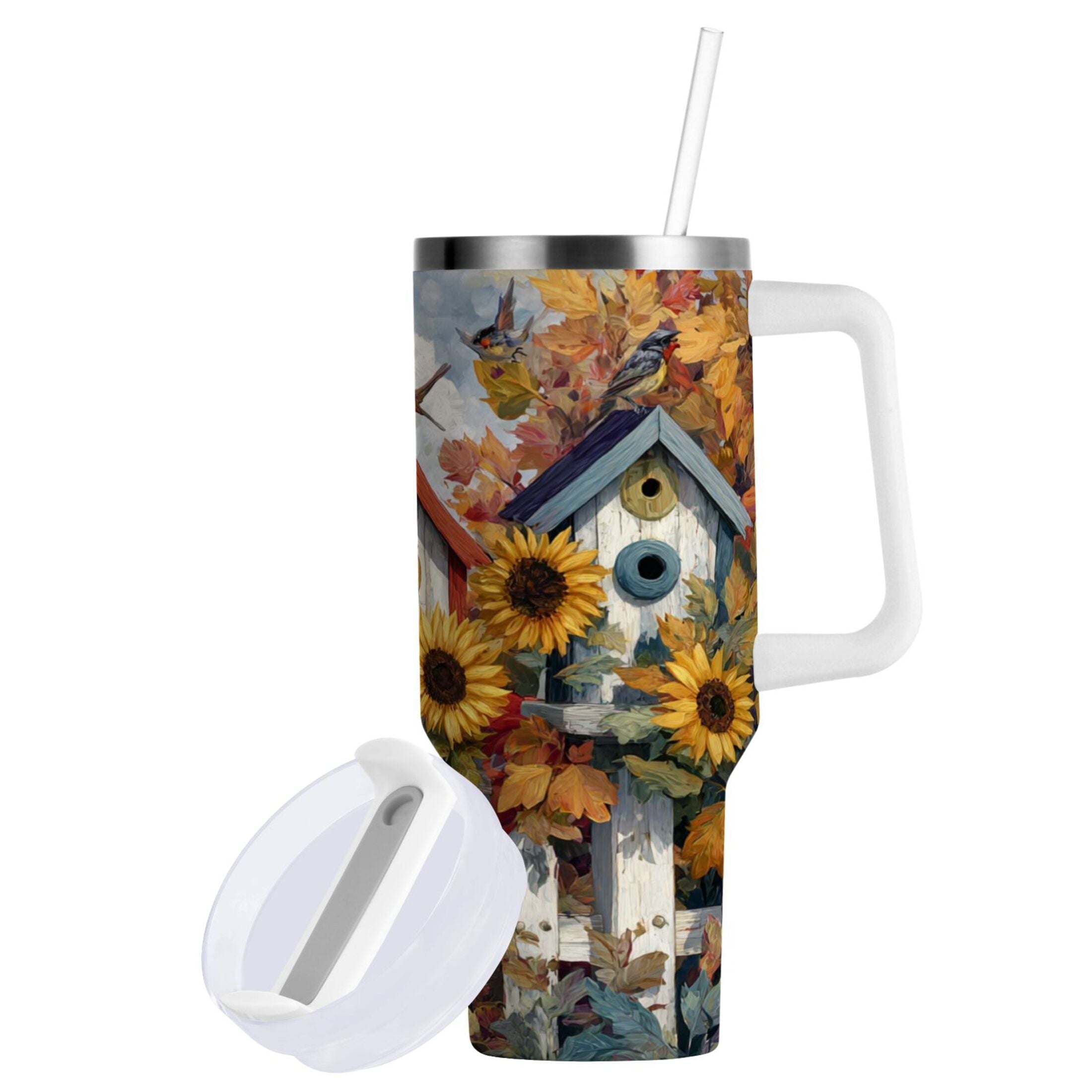 30 oz Insulated Stainless Steel Tumbler Double Wall Stainless Steel Tumbler with 2-Way Drinking Birdhouses with Sunflowers - Pick 535