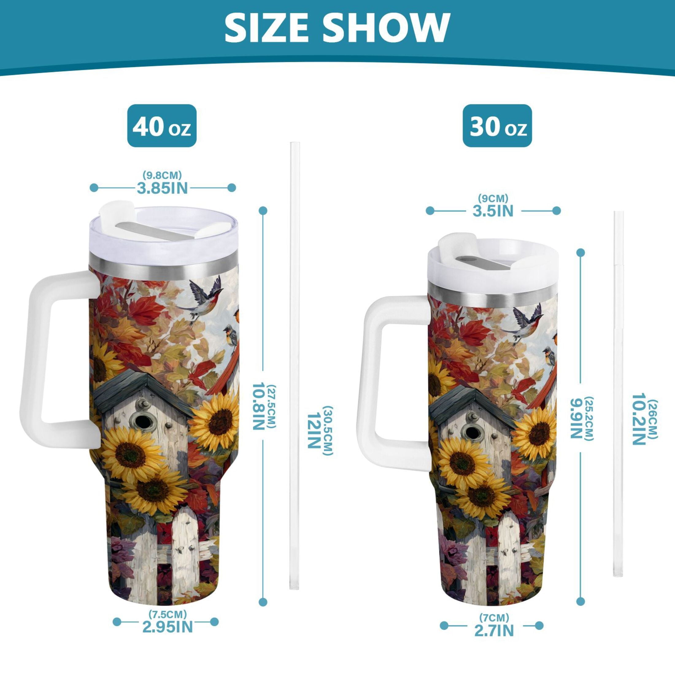 30 oz Insulated Stainless Steel Tumbler Double Wall Stainless Steel Tumbler with 2-Way Drinking Birdhouses with Sunflowers - Pick 535