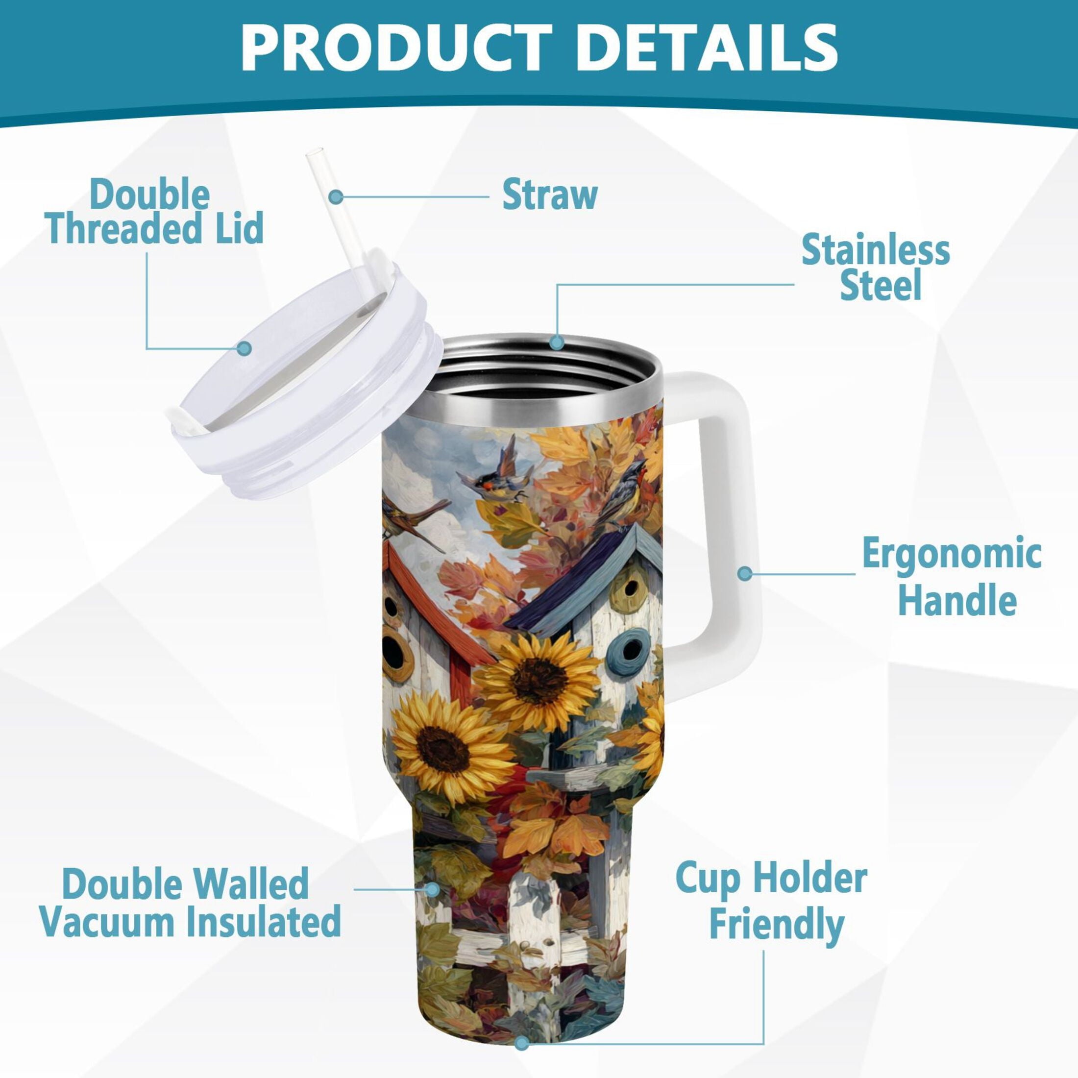 30 oz Insulated Stainless Steel Tumbler Double Wall Stainless Steel Tumbler with 2-Way Drinking Birdhouses with Sunflowers - Pick 535
