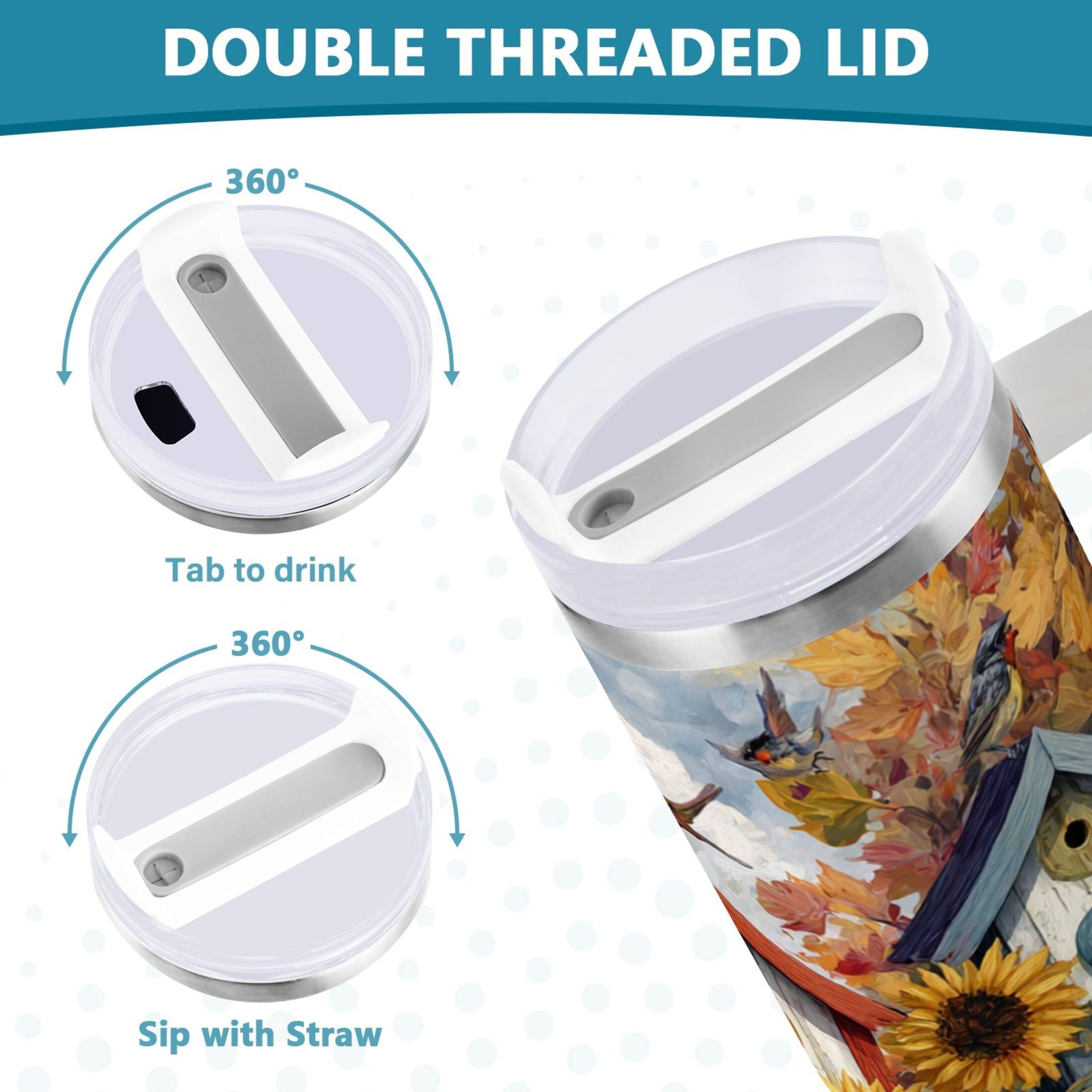 30 oz Insulated Stainless Steel Tumbler Double Wall Stainless Steel Tumbler with 2-Way Drinking Birdhouses with Sunflowers - Pick 535