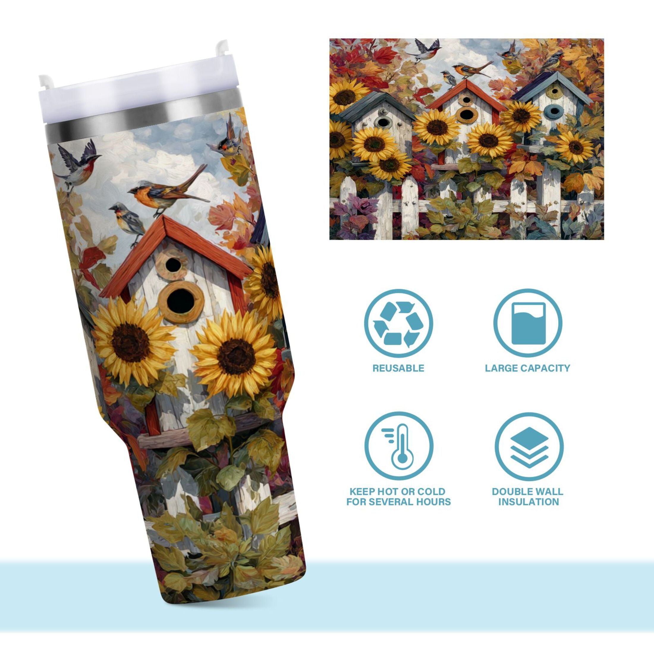 30 oz Insulated Stainless Steel Tumbler Double Wall Stainless Steel Tumbler with 2-Way Drinking Birdhouses with Sunflowers - Pick 535
