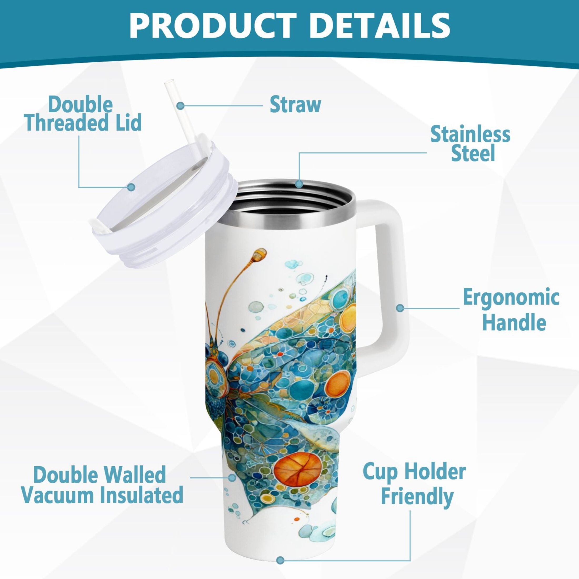 40 oz Insulated Stainless Steel Tumbler Double Wall Stainless Steel Tumbler with 2-Way Drinking Intricately Butterfly - Pick 930