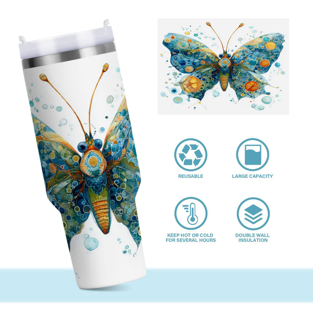 40 oz Insulated Stainless Steel Tumbler Double Wall Stainless Steel Tumbler with 2-Way Drinking Intricately Butterfly - Pick 930