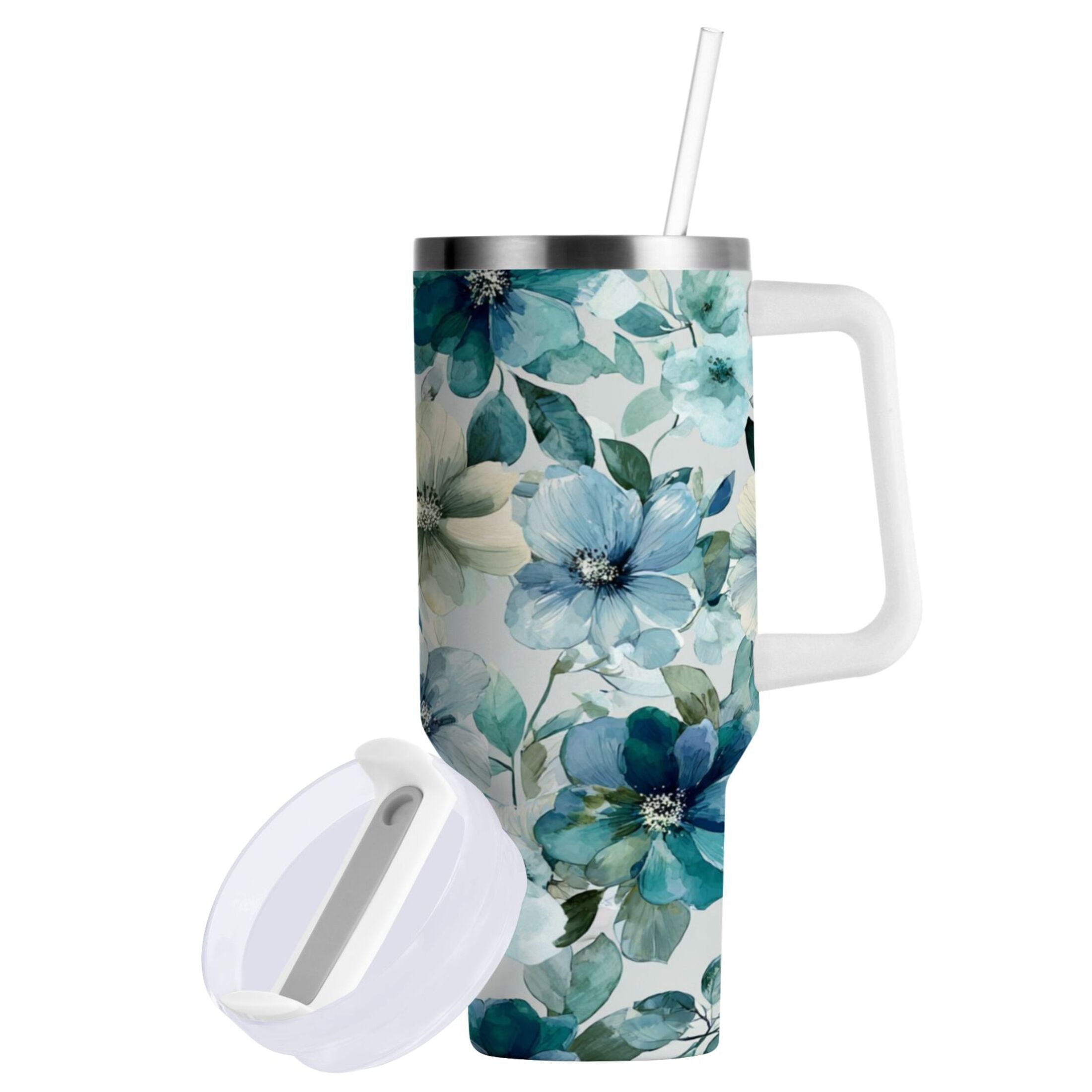 30 oz Insulated Stainless Steel Tumbler Double Wall Stainless Steel Tumbler with 2-Way Drinking Blue and Green Flowers - Pick 226