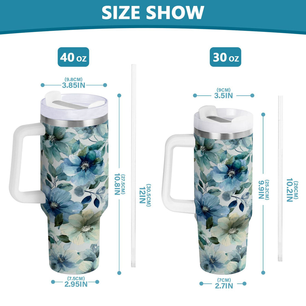30 oz Insulated Stainless Steel Tumbler Double Wall Stainless Steel Tumbler with 2-Way Drinking Blue and Green Flowers - Pick 226