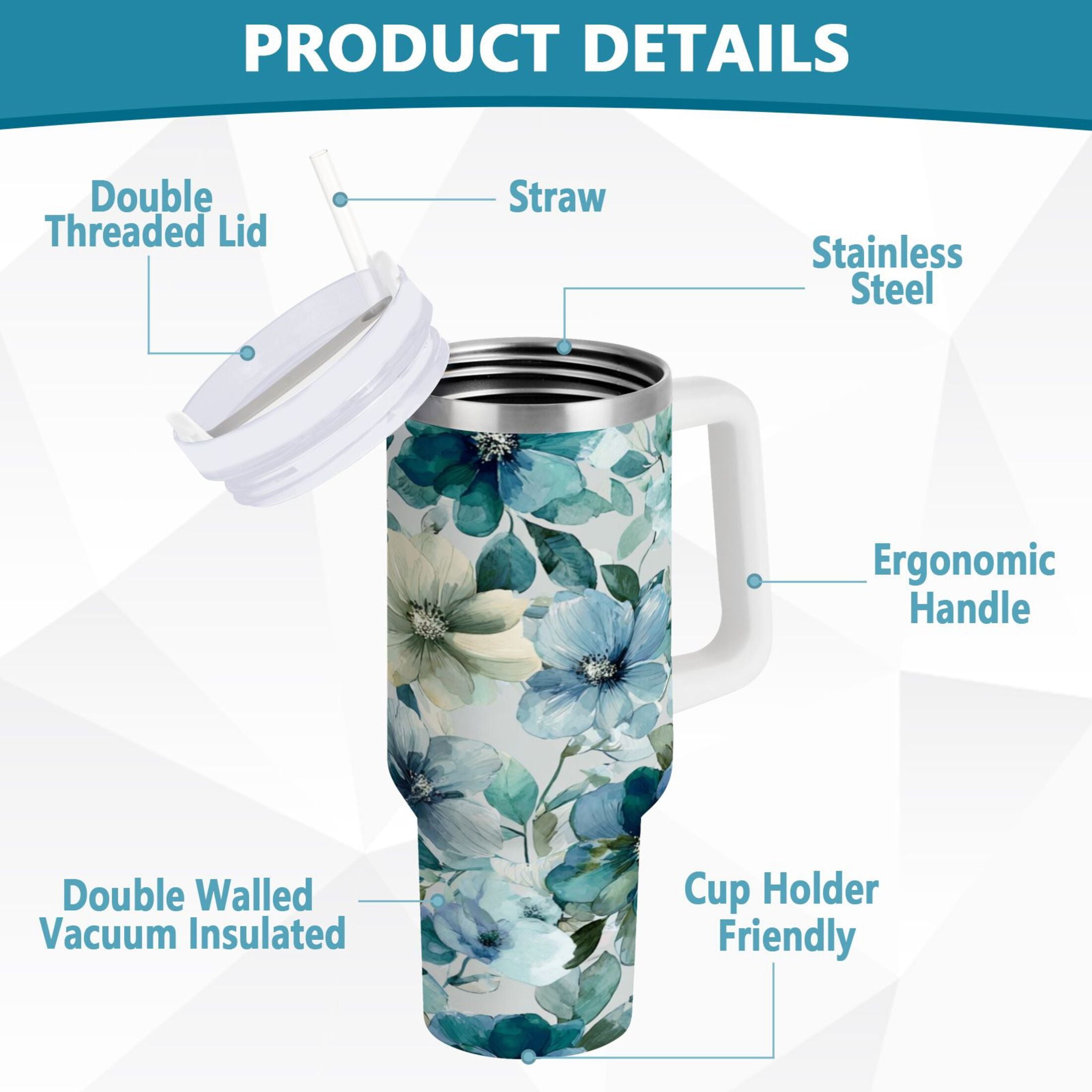 30 oz Insulated Stainless Steel Tumbler Double Wall Stainless Steel Tumbler with 2-Way Drinking Blue and Green Flowers - Pick 226