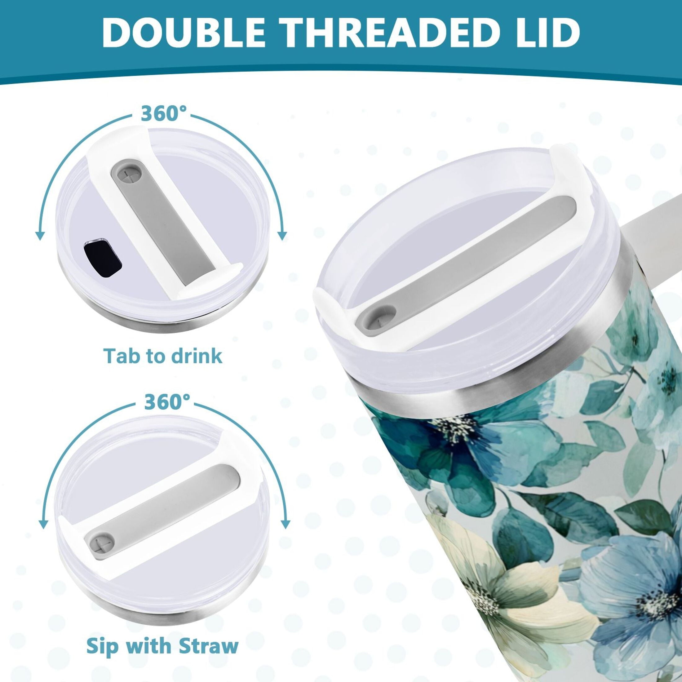 30 oz Insulated Stainless Steel Tumbler Double Wall Stainless Steel Tumbler with 2-Way Drinking Blue and Green Flowers - Pick 226