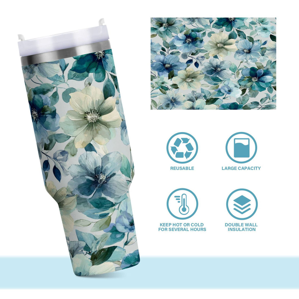 30 oz Insulated Stainless Steel Tumbler Double Wall Stainless Steel Tumbler with 2-Way Drinking Blue and Green Flowers - Pick 226