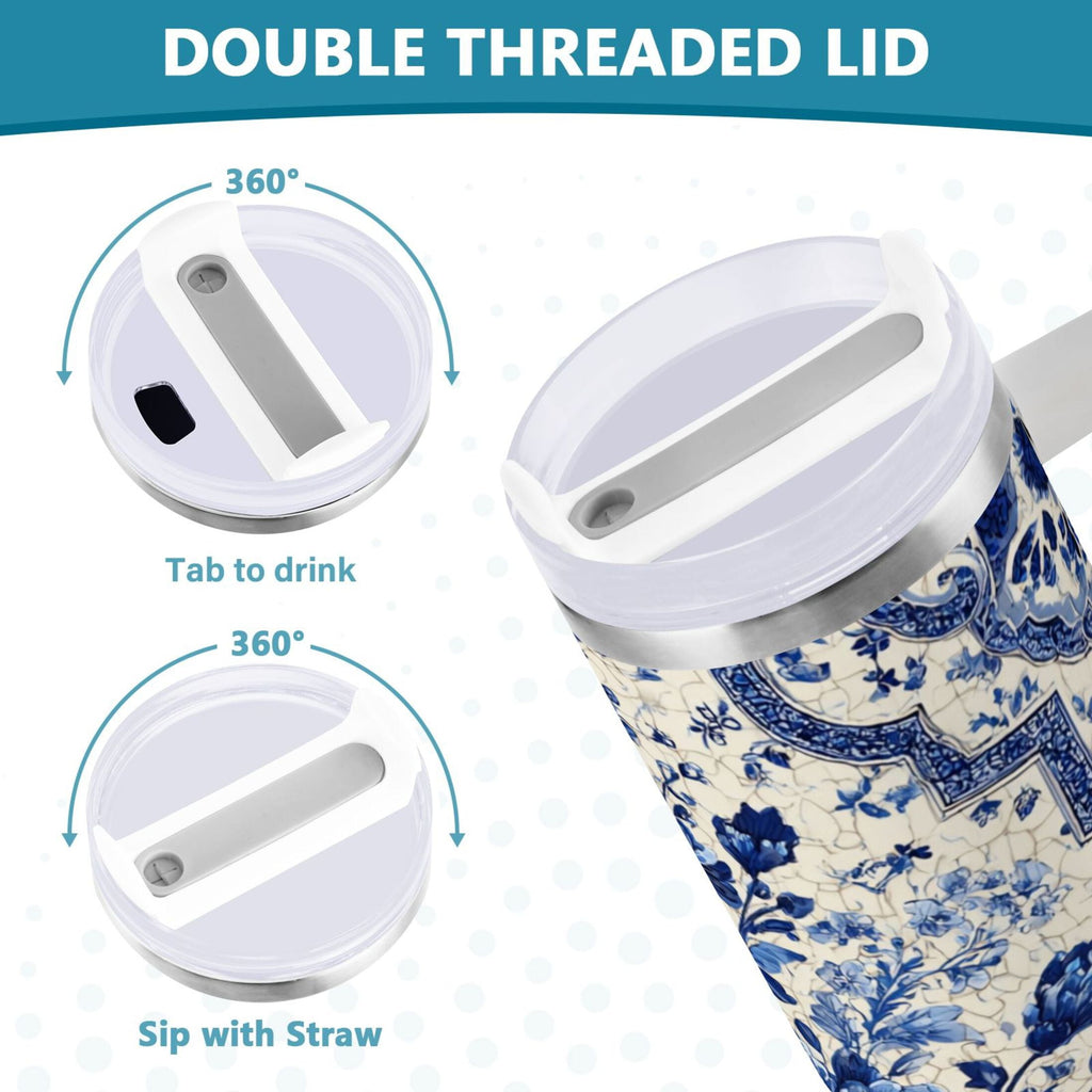 30 oz Insulated Stainless Steel Tumbler Double Wall Stainless Steel Tumbler with 2-Way Drinking Blue and White Porcelain-style - Pick 882