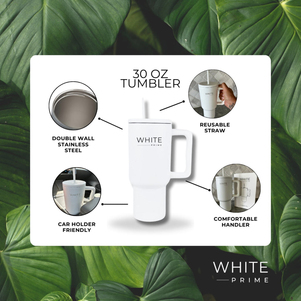 Tumbler 30 oz – Stainless Steel Cup with Handle and Lid | White Prime - Pick 138