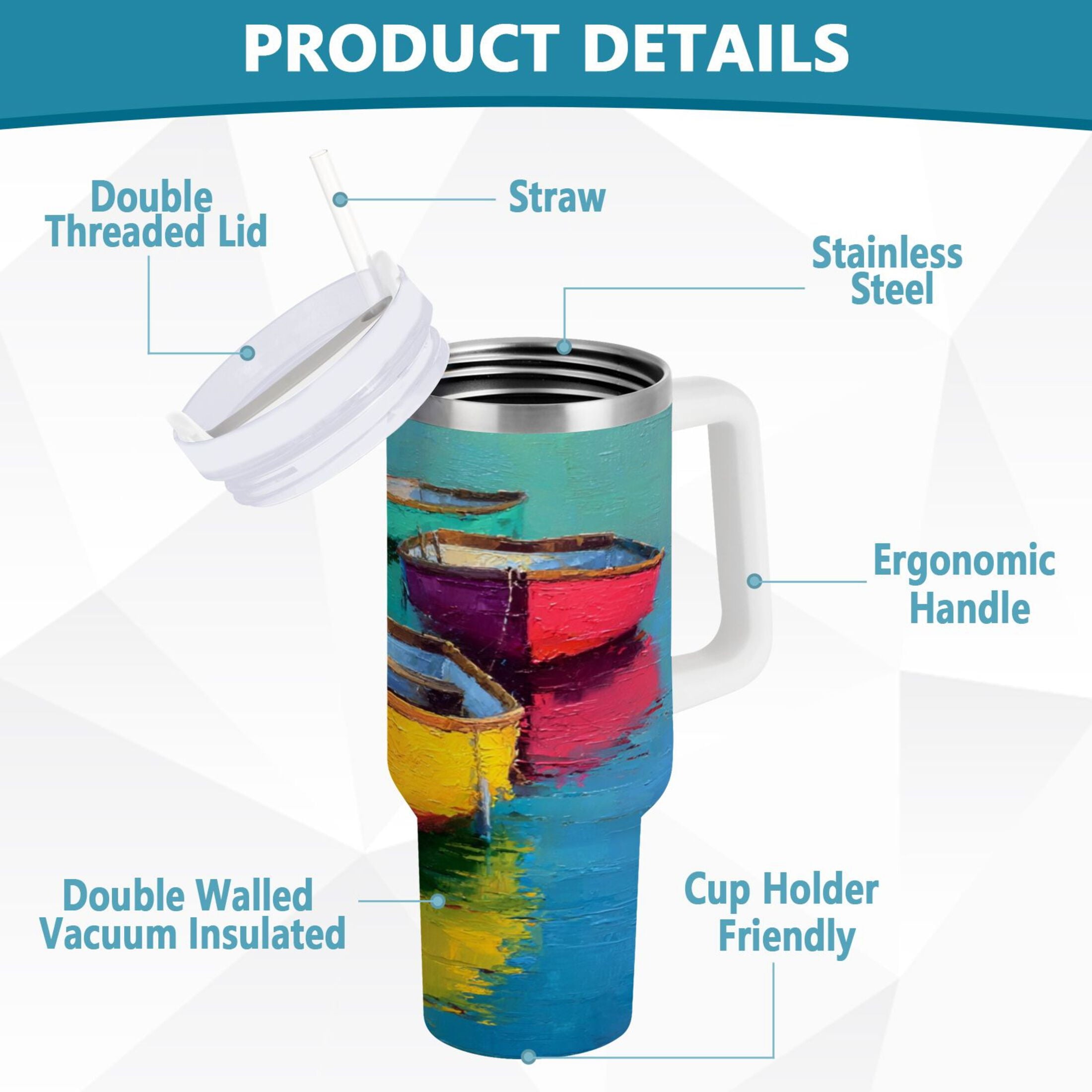 30 oz Insulated Stainless Steel Tumbler Double Wall Stainless Steel Tumbler with 2-Way Drinking Colorful Row Boats - Pick 761