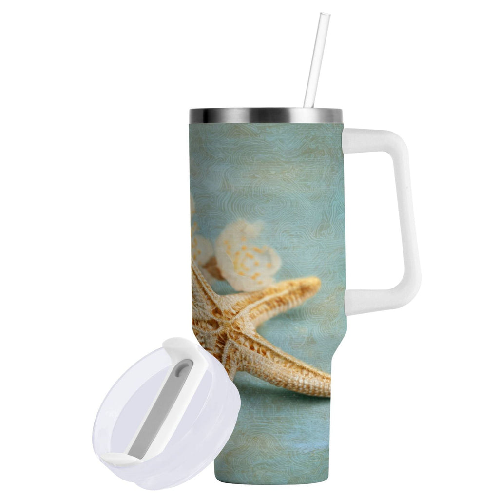 30 oz Insulated Stainless Steel Tumbler Double Wall Stainless Steel Tumbler with 2-Way Drinking Starfish with Flowers - Pick 364