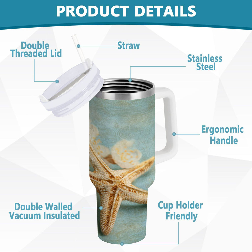 30 oz Insulated Stainless Steel Tumbler Double Wall Stainless Steel Tumbler with 2-Way Drinking Starfish with Flowers - Pick 364