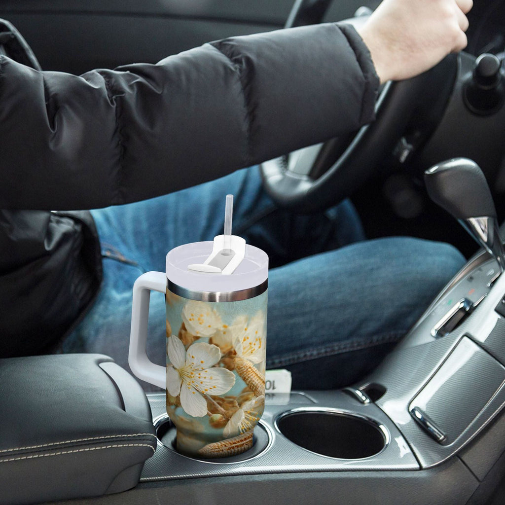 30 oz Insulated Stainless Steel Tumbler Double Wall Stainless Steel Tumbler with 2-Way Drinking Starfish with Flowers - Pick 364