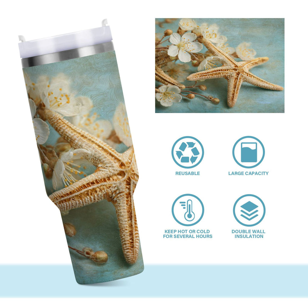 30 oz Insulated Stainless Steel Tumbler Double Wall Stainless Steel Tumbler with 2-Way Drinking Starfish with Flowers - Pick 364