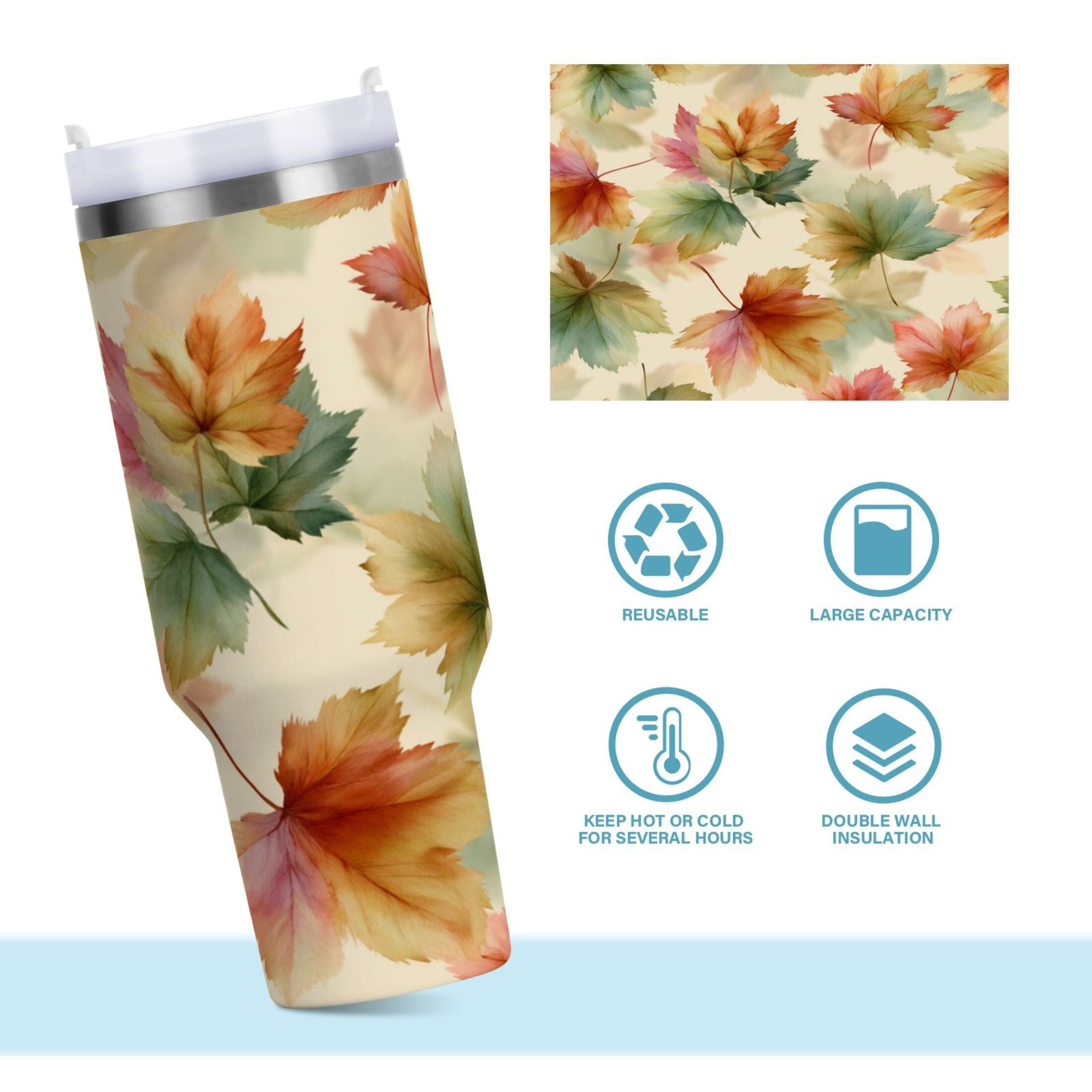 40 oz Insulated Stainless Steel Tumbler Double Wall Stainless Steel Tumbler with 2-Way Drinking Watercolor Maple Leaves Pattern - Pick 429