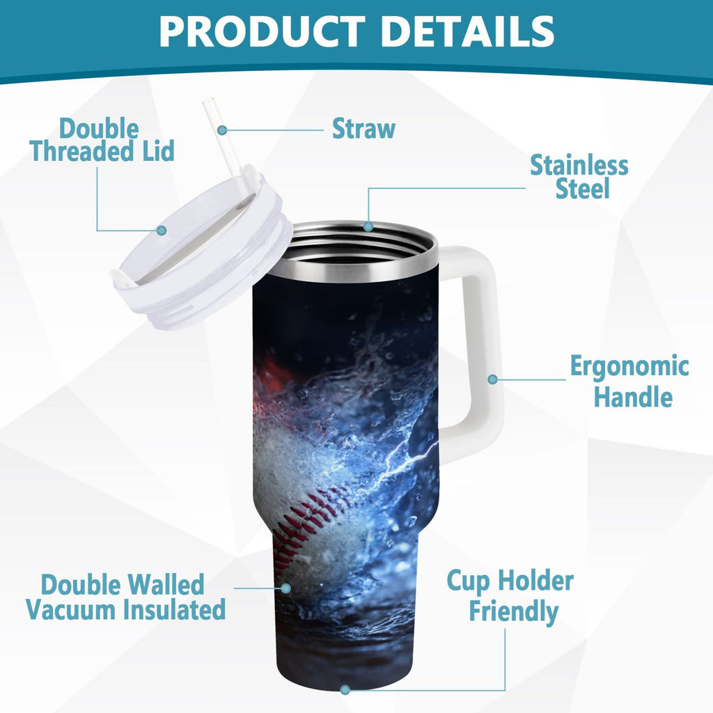 40 oz Insulated Stainless Steel Tumbler Double Wall Stainless Steel Tumbler with 2-Way Drinking Baseball with Water and Fire - Pick 726
