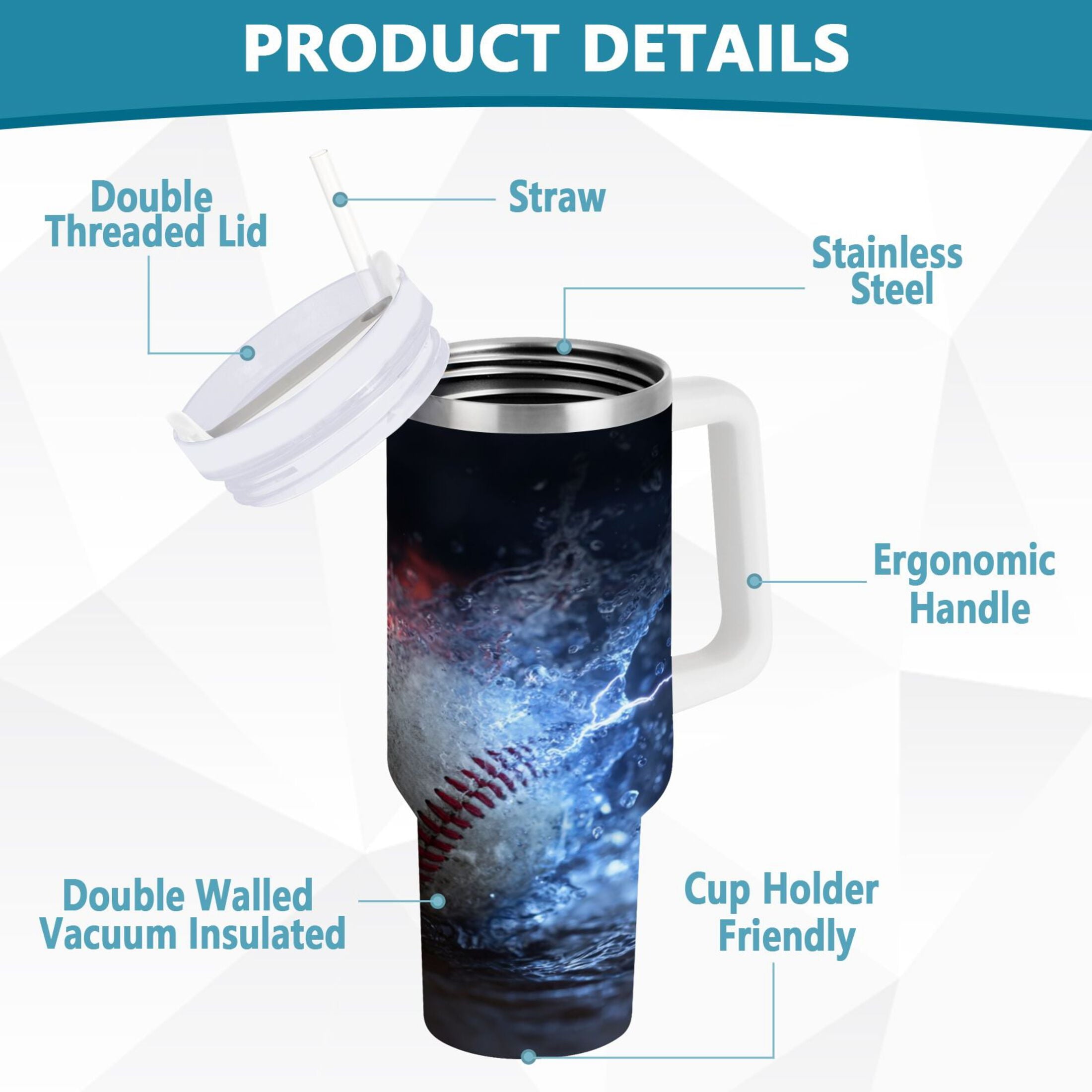 40 oz Insulated Stainless Steel Tumbler Double Wall Stainless Steel Tumbler with 2-Way Drinking Baseball with Water and Fire - Pick 726