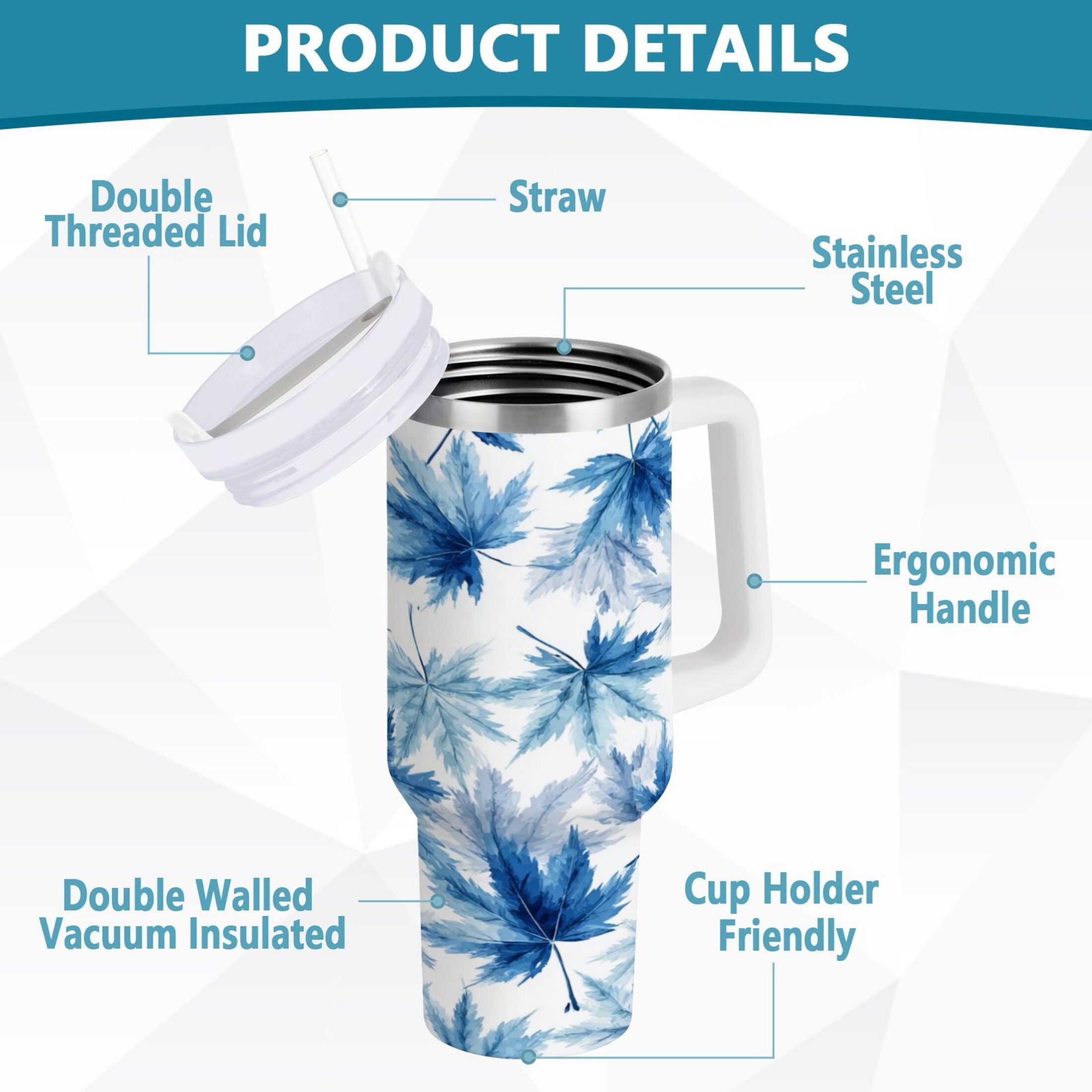30 oz Insulated Stainless Steel Tumbler Double Wall Stainless Steel Tumbler with 2-Way Drinking Abstract Blue Maple Leaves - Pick 826