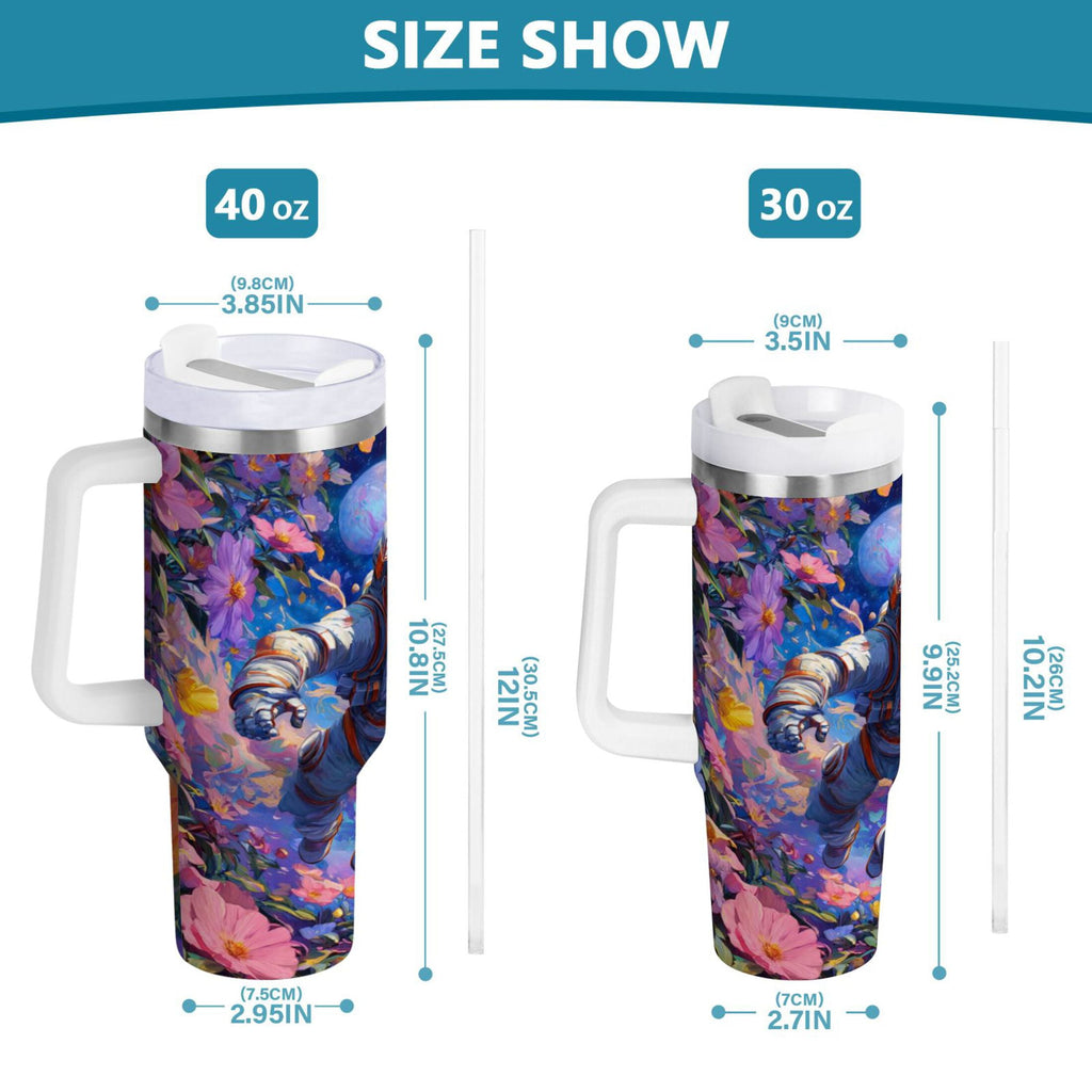 40 oz Insulated Stainless Steel Tumbler Double Wall Stainless Steel Tumbler with 2-Way Drinking Astronaut and Colorful Flowers - Pick 978