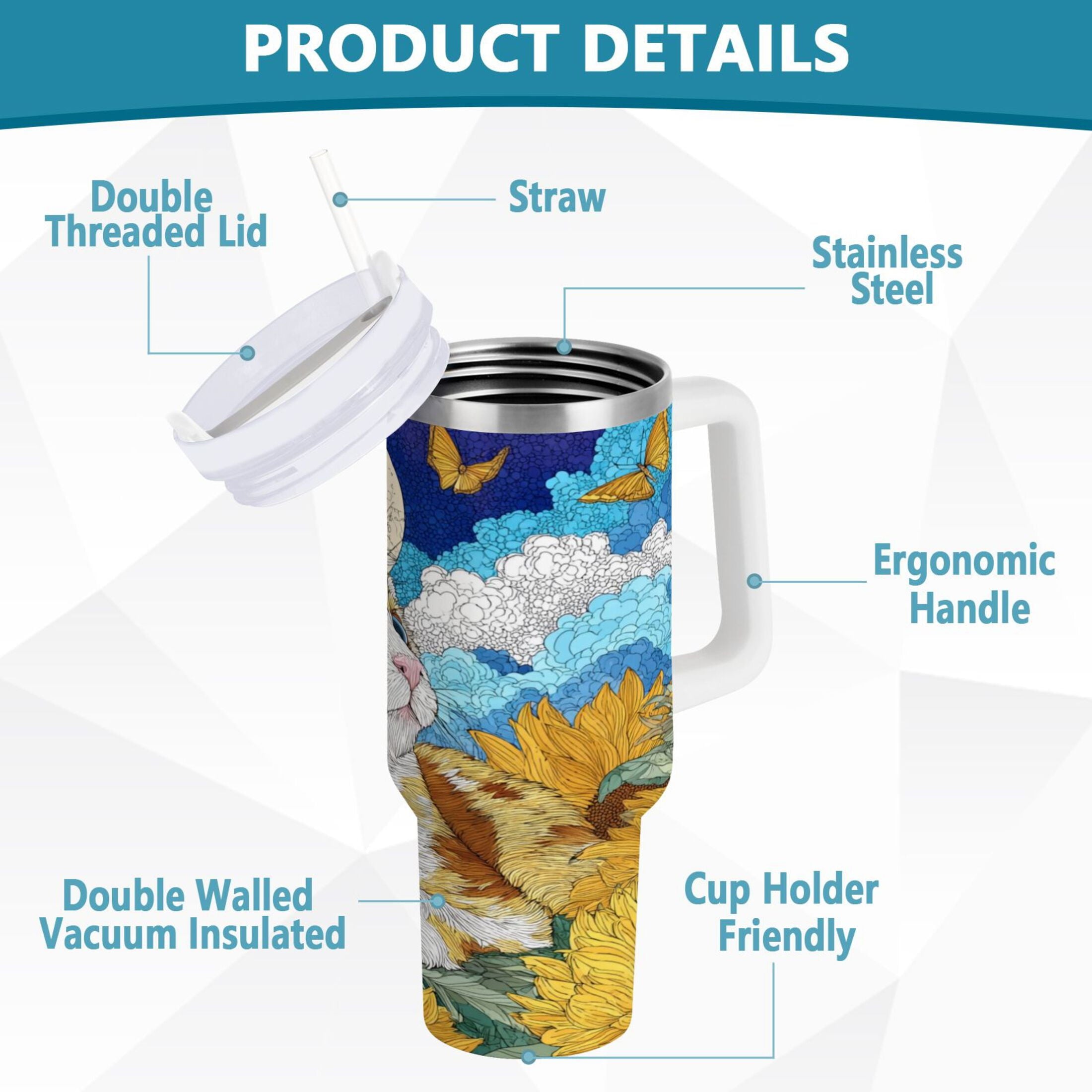 40 oz Insulated Stainless Steel Tumbler Double Wall Stainless Steel Tumbler with 2-Way Drinking Cat Lies in The Sunflowers - Pick 595