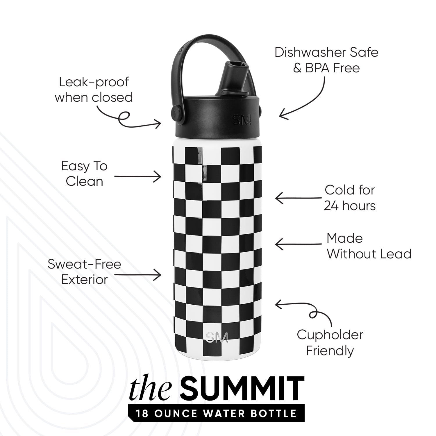 Simple Modern 18 fl oz Insulated Stainless Steel Summit Wide Mouth Water Bottle with Handle and Straw Lid|Black and White Checkmate - Pick 940