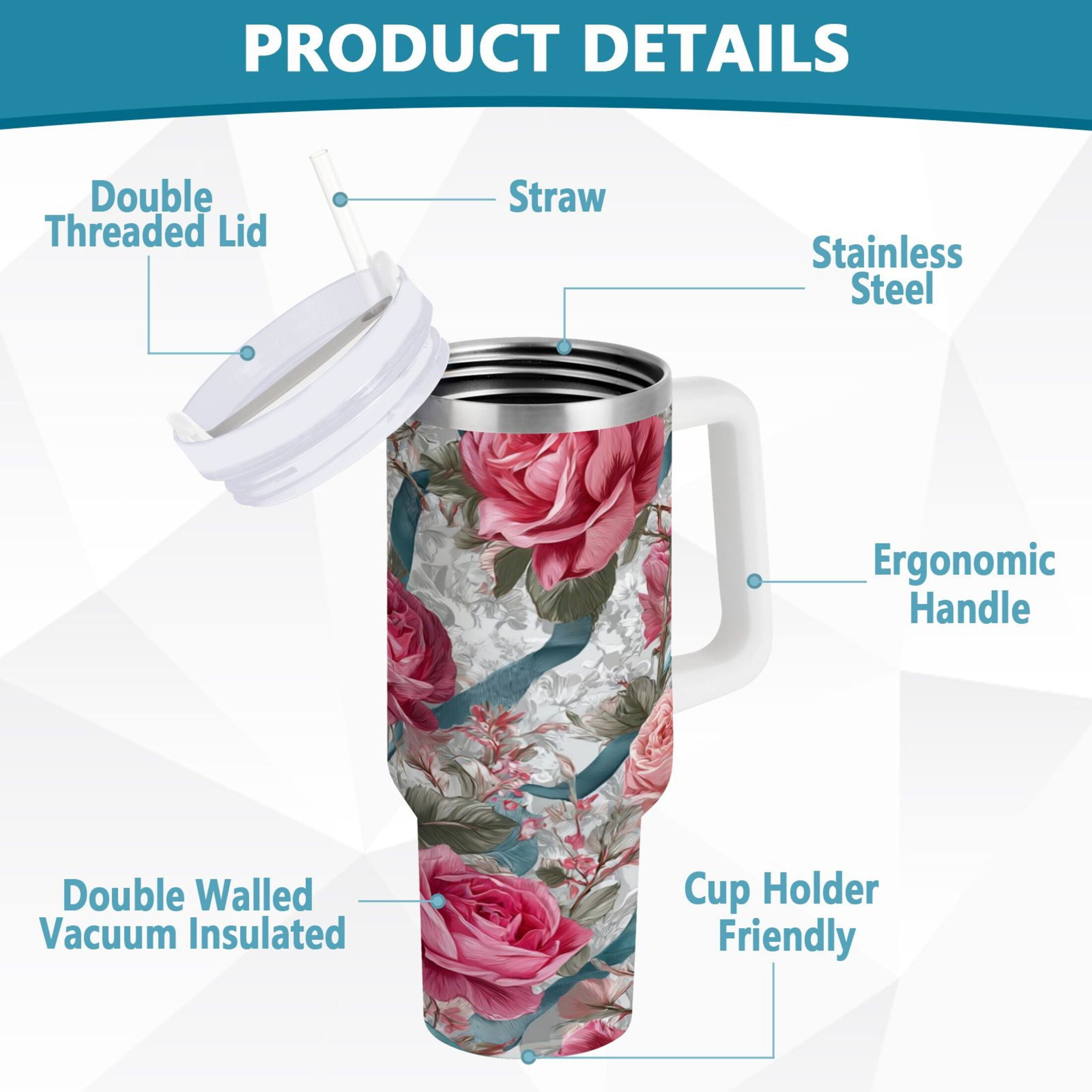 30 oz Insulated Stainless Steel Tumbler Double Wall Stainless Steel Tumbler with 2-Way Drinking Roses and Ribbons - Pick 565