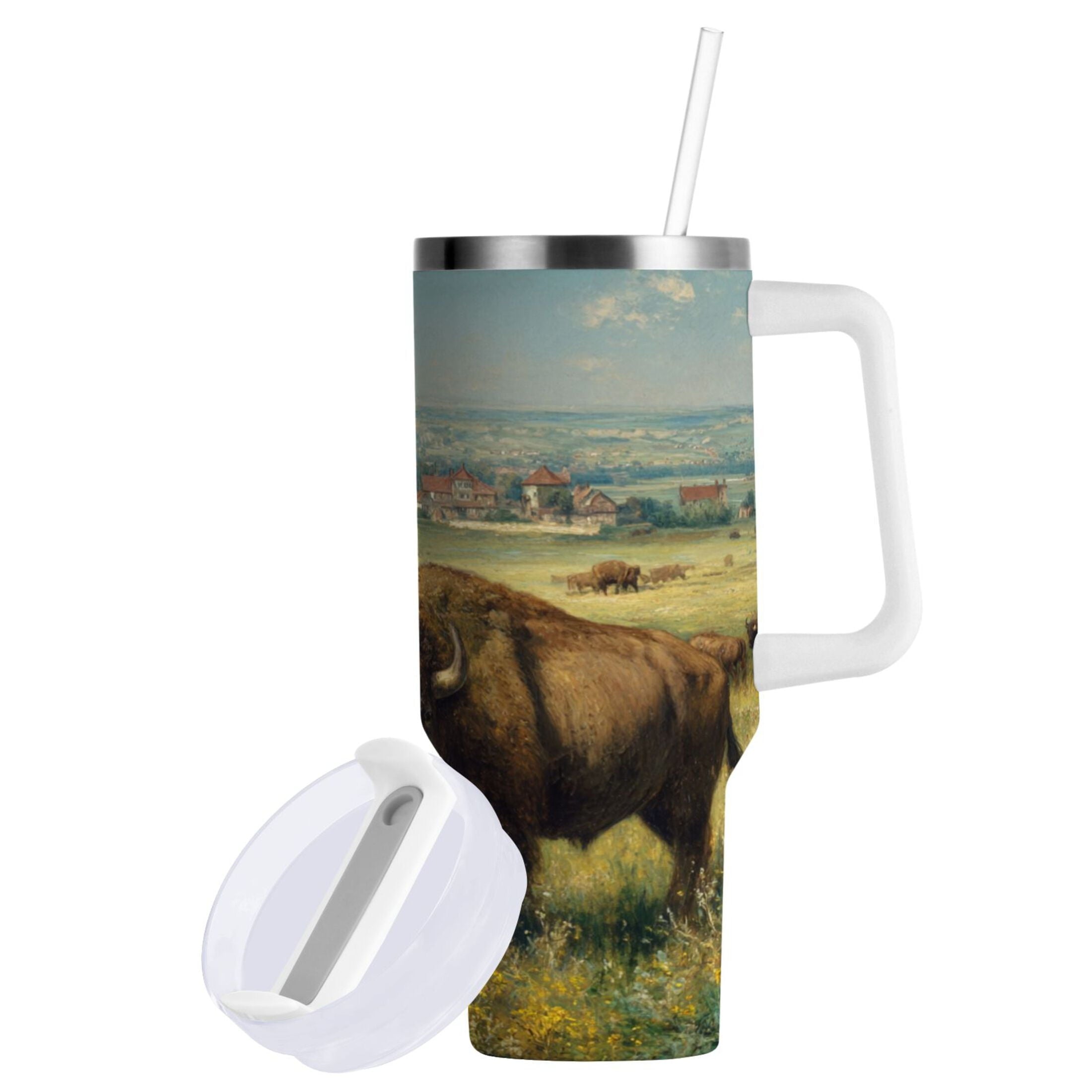 30 oz Insulated Stainless Steel Tumbler Double Wall Stainless Steel Tumbler with 2-Way Drinking Buffalo Herd Oil Painting - Pick 629