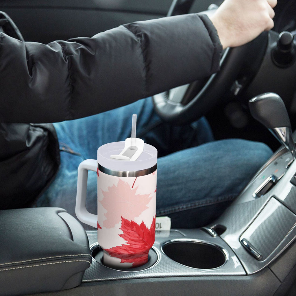 40 oz Insulated Stainless Steel Tumbler Double Wall Stainless Steel Tumbler with 2-Way Drinking Red Maple Leaves Pattern - Pick 662