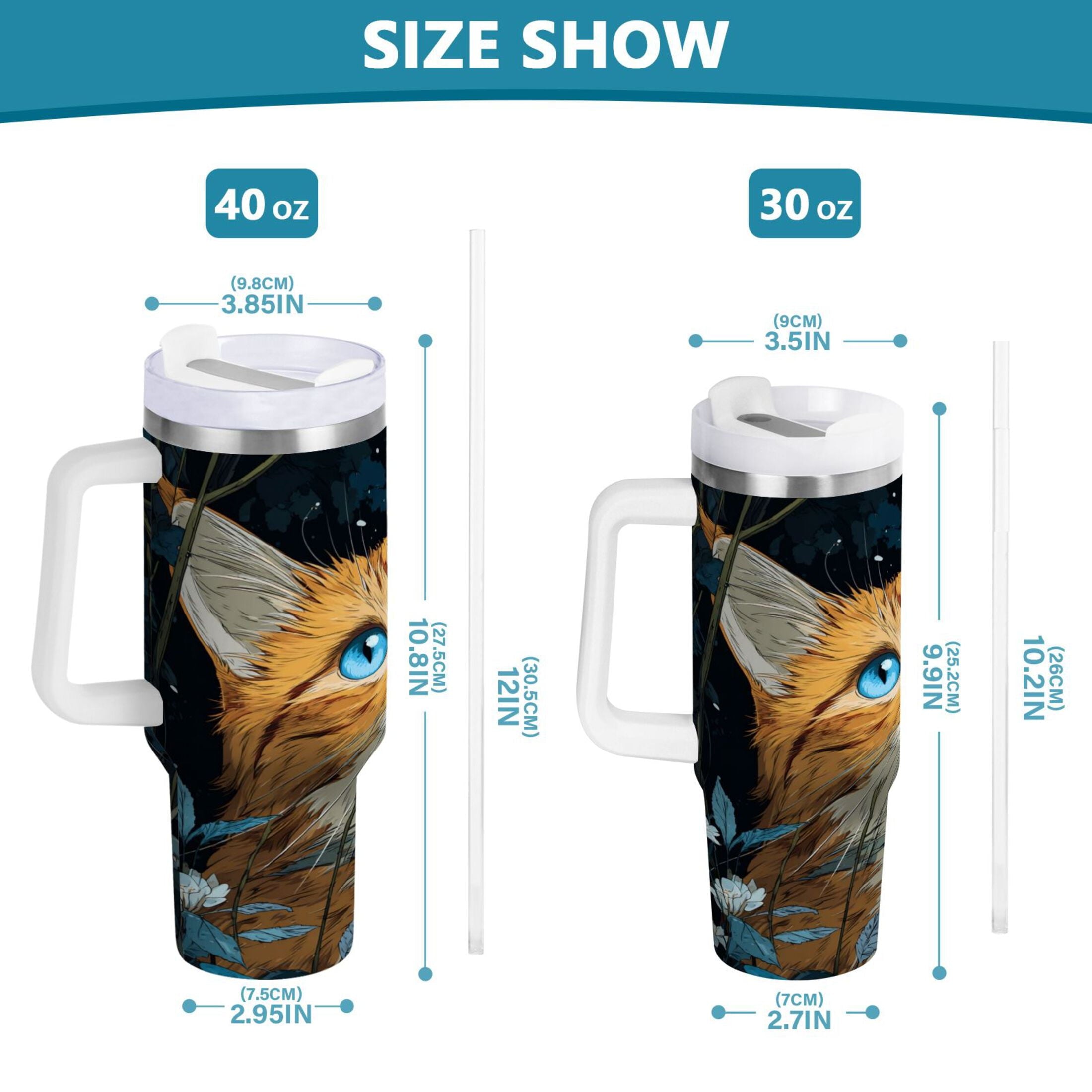 30 oz Insulated Stainless Steel Tumbler Double Wall Stainless Steel Tumbler with 2-Way Drinking Orange Cat with Blue Eyes - Pick 547