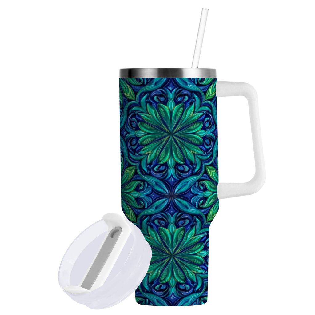 40 oz Insulated Stainless Steel Tumbler Double Wall Stainless Steel Tumbler with 2-Way Drinking Elegant Blue Traditional Patterns - Pick 761