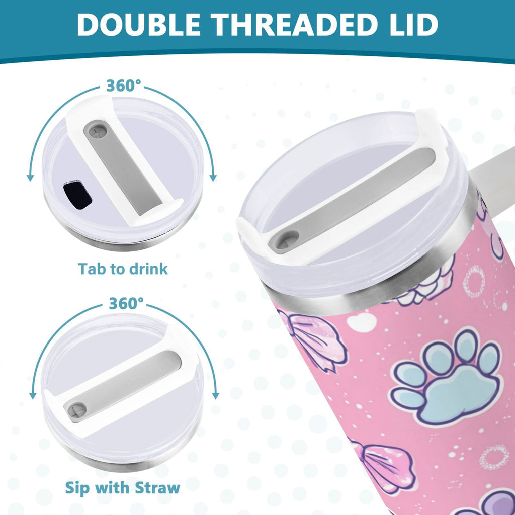 30 oz Insulated Stainless Steel Tumbler Double Wall Stainless Steel Tumbler with 2-Way Drinking Dog Paw Prints and Bows - Pick 667