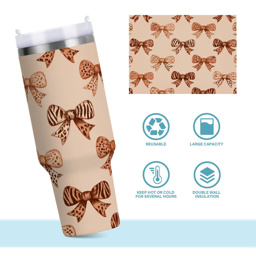 40 oz Insulated Stainless Steel Tumbler Double Wall Stainless Steel Tumbler with 2-Way Drinking Leopard Print Bow - Pick 924