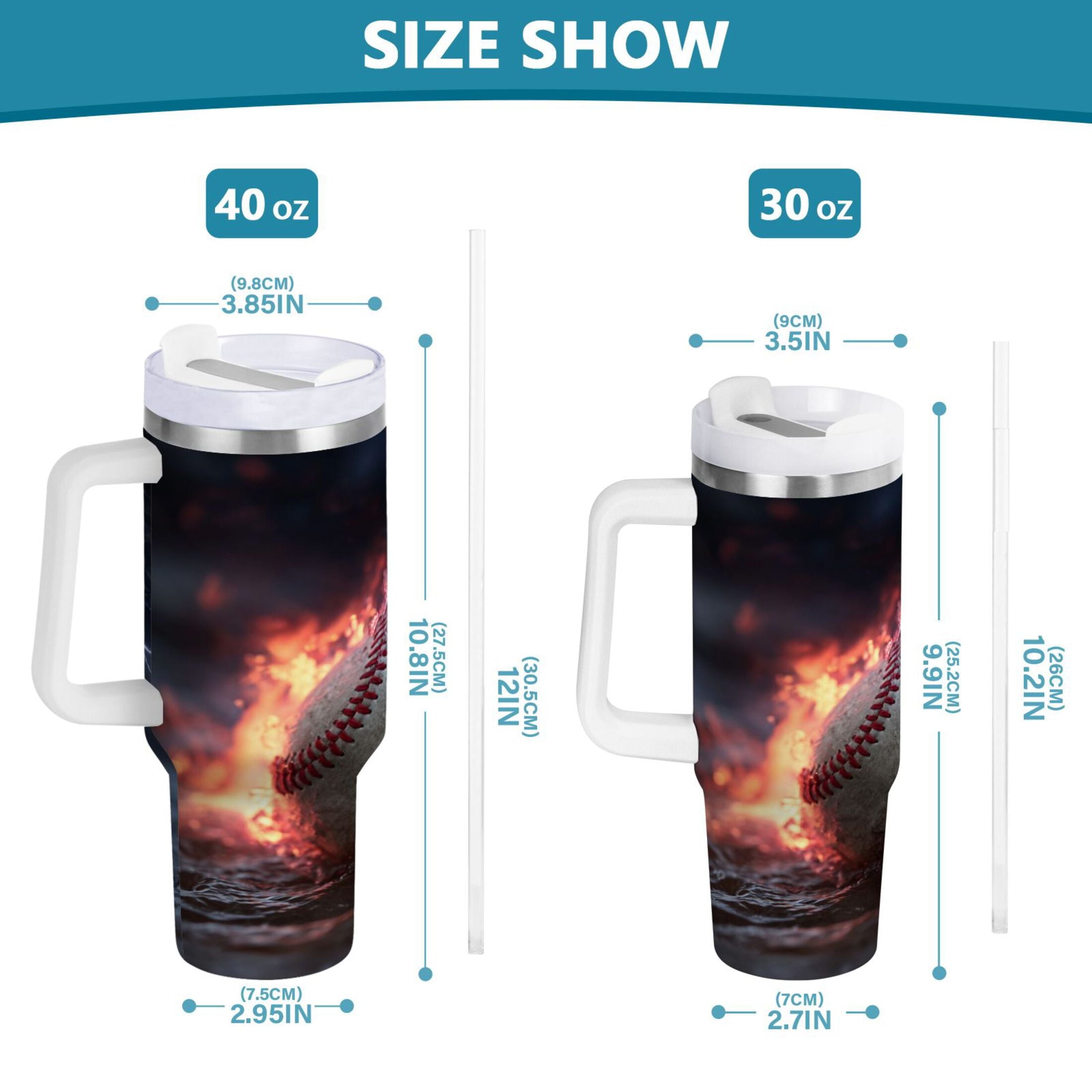 40 oz Insulated Stainless Steel Tumbler Double Wall Stainless Steel Tumbler with 2-Way Drinking Baseball with Water and Fire - Pick 726