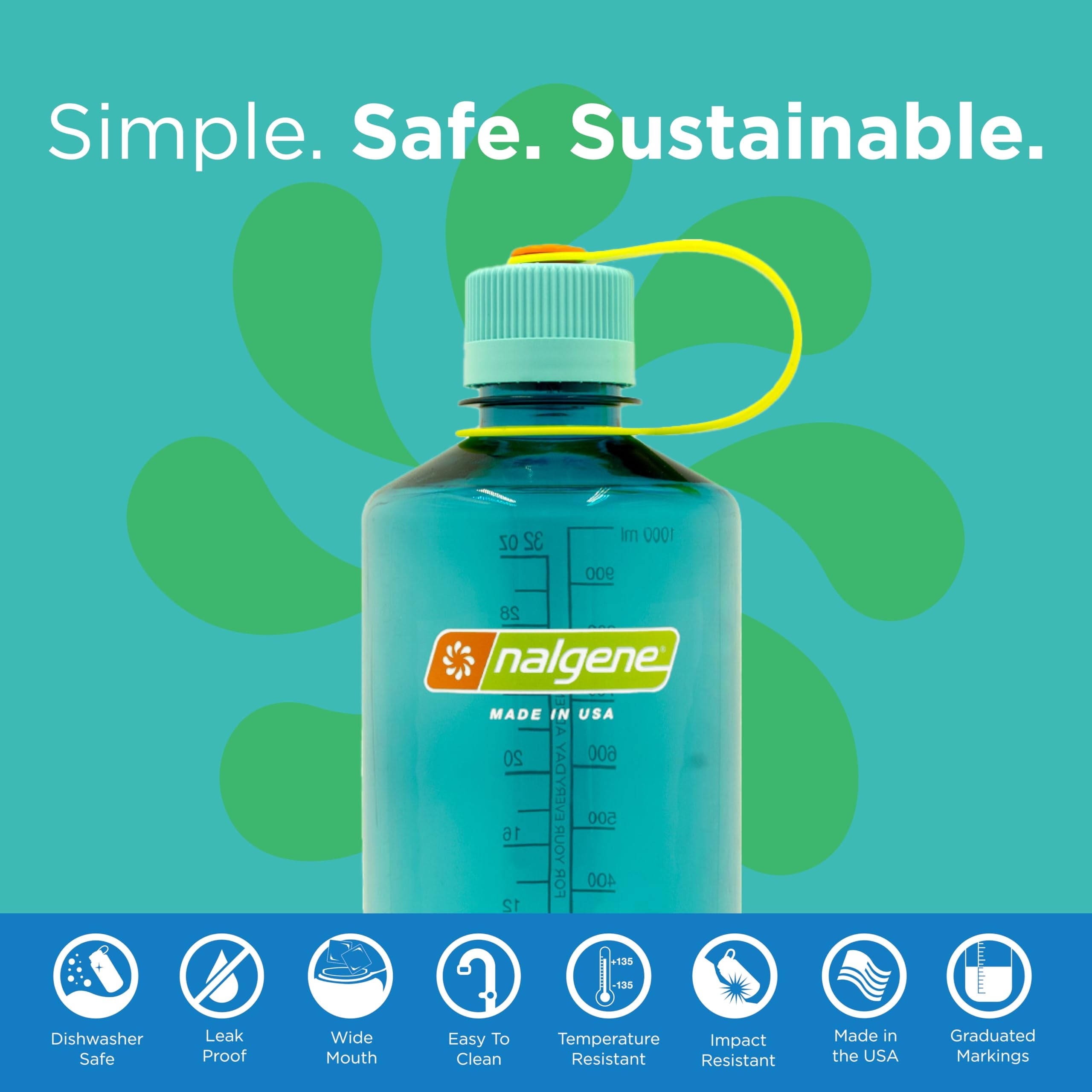 Nalgene Sustain Tritan BPA-Free Water Bottle Made with Material Derived from 50% Plastic Waste (using ISCC certified mass balance), 32 OZ, Narrow Mouth, Cerulean - Pick 291