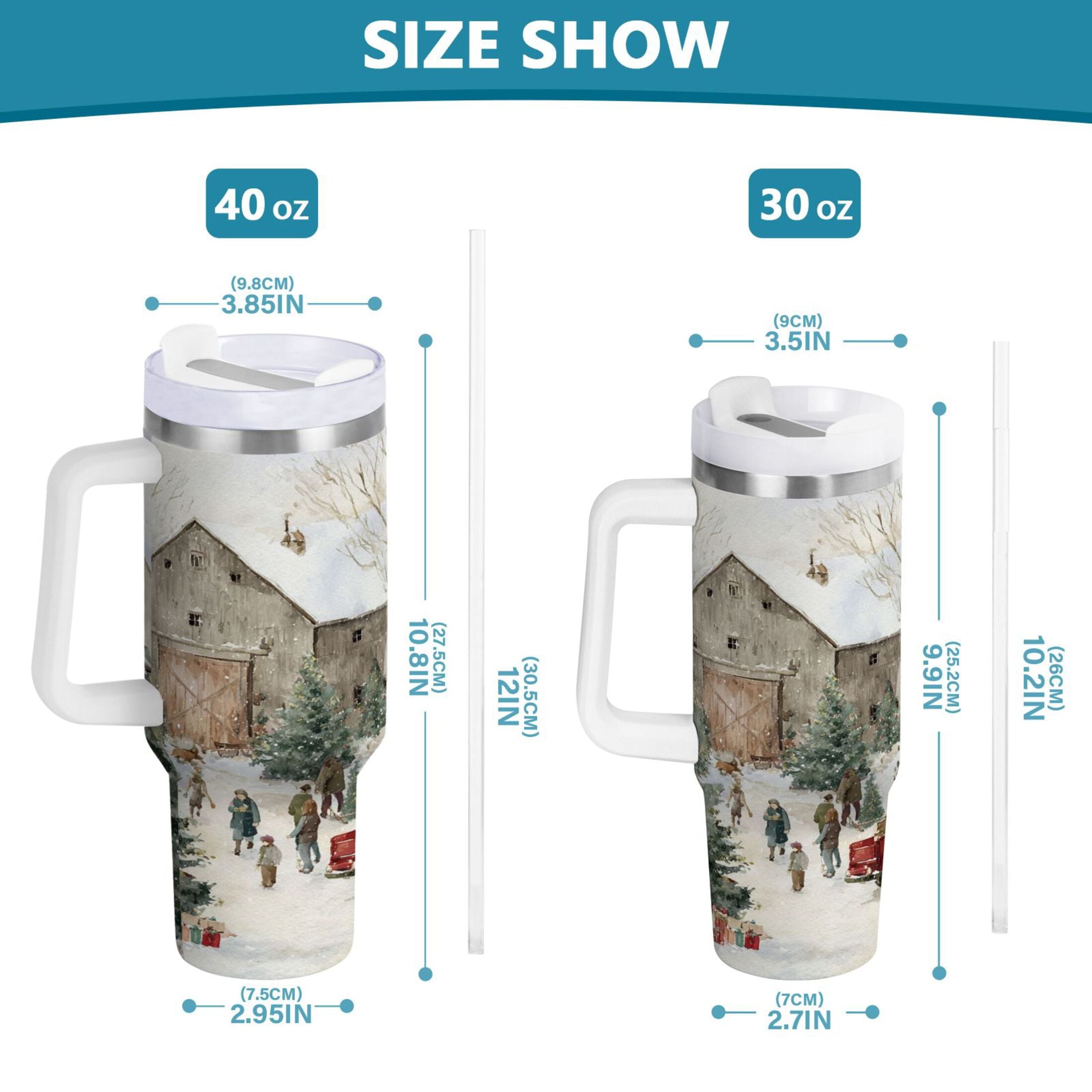 40 oz Insulated Stainless Steel Tumbler Double Wall Stainless Steel Tumbler with 2-Way Drinking Farm Snow Scene - Pick 311