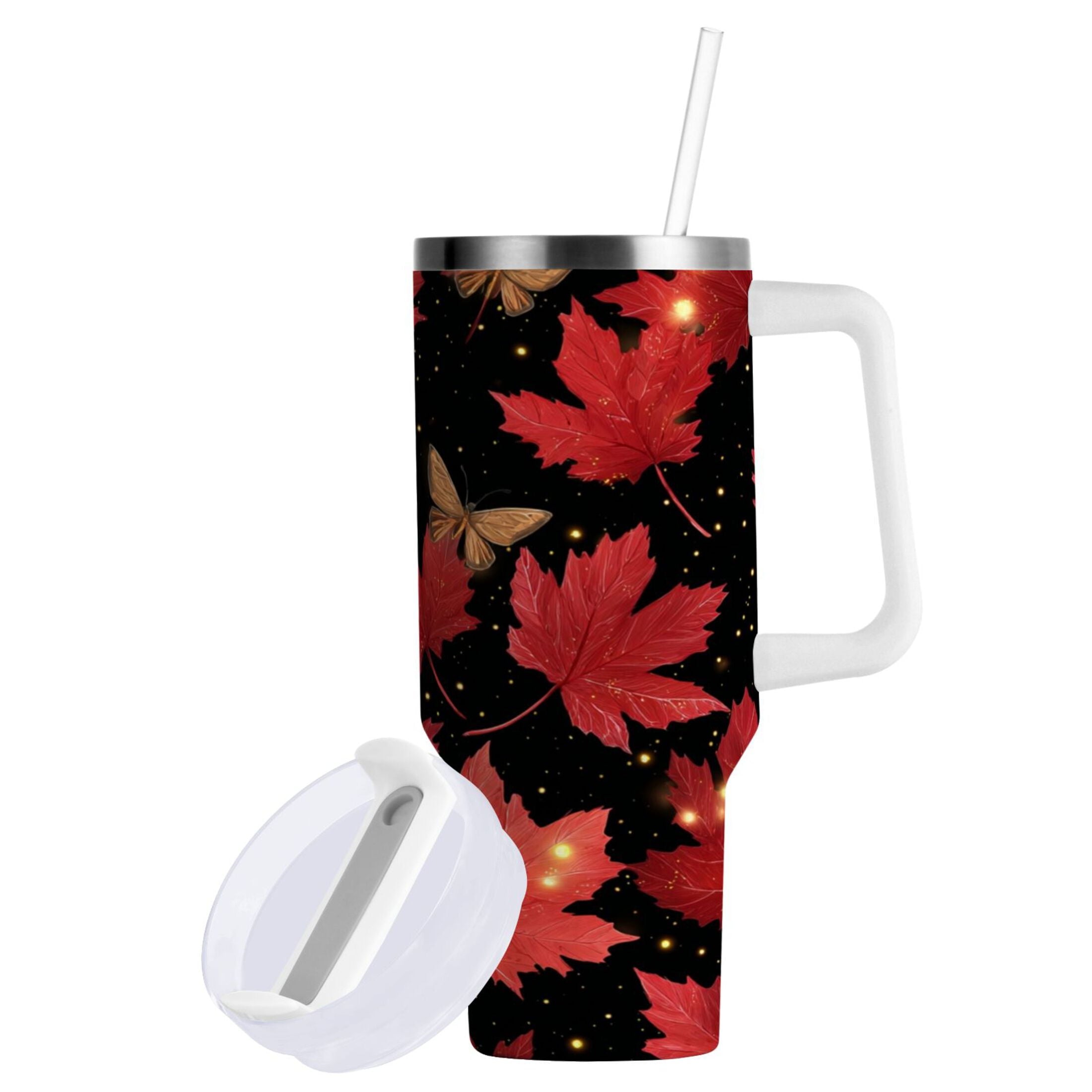 40 oz Insulated Stainless Steel Tumbler Double Wall Stainless Steel Tumbler with 2-Way Drinking Maple Leaves and Fireflies - Pick 528