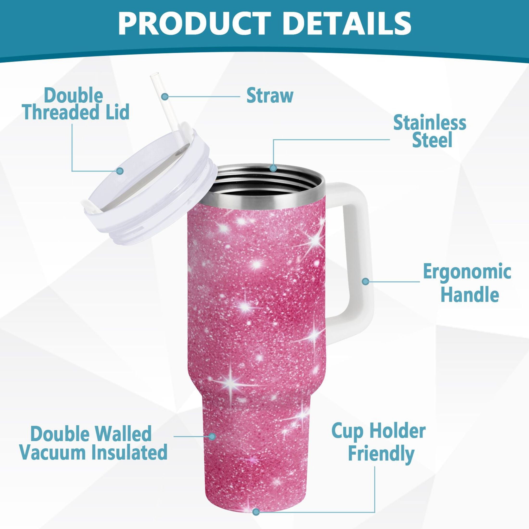 40 oz Insulated Stainless Steel Tumbler Double Wall Stainless Steel Tumbler with 2-Way Drinking Pink Glitter Background - Pick 971