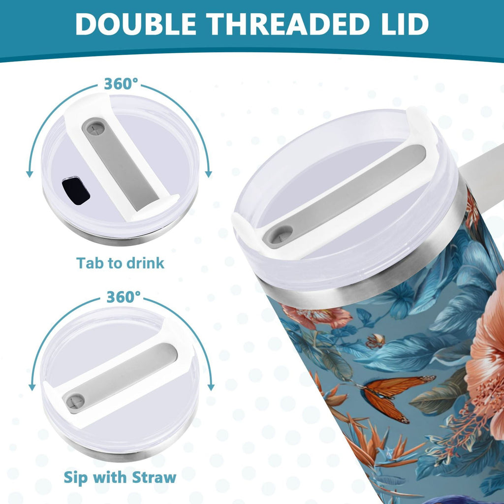 30 oz Insulated Stainless Steel Tumbler Double Wall Stainless Steel Tumbler with 2-Way Drinking Birds and Flowers - Pick 404