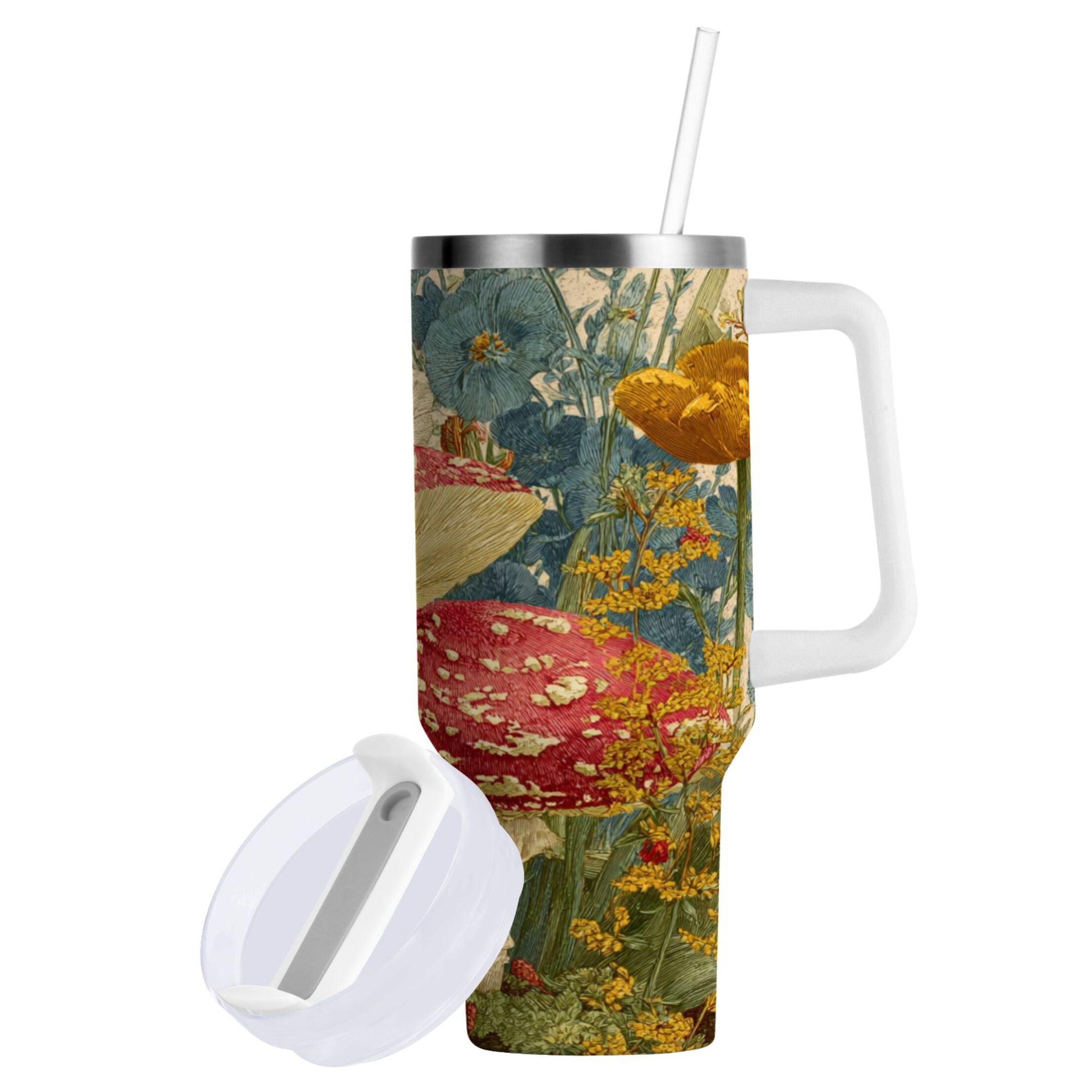 30 oz Insulated Stainless Steel Tumbler Double Wall Stainless Steel Tumbler with 2-Way Drinking Red Mushrooms with Flowers - Pick 247