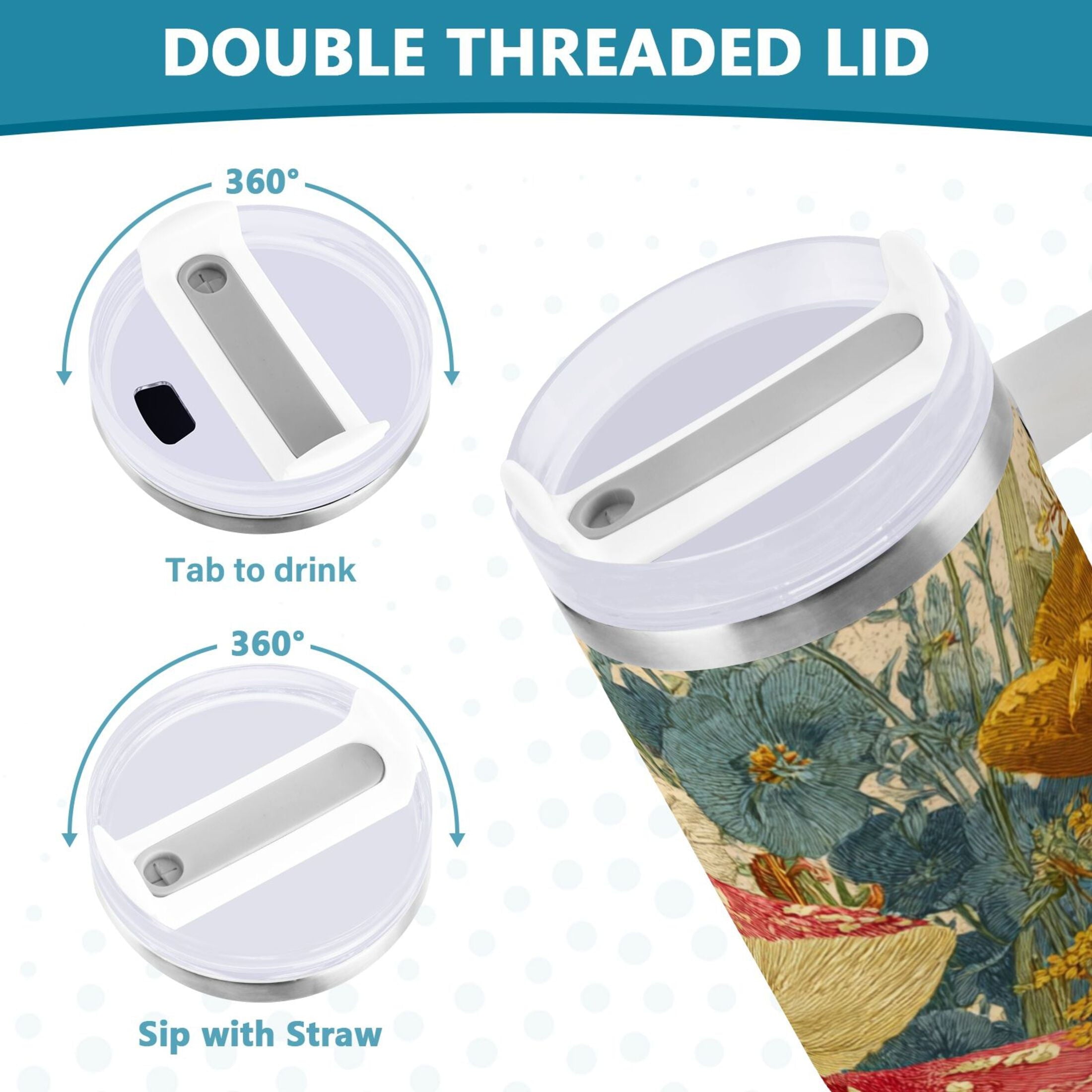30 oz Insulated Stainless Steel Tumbler Double Wall Stainless Steel Tumbler with 2-Way Drinking Red Mushrooms with Flowers - Pick 247